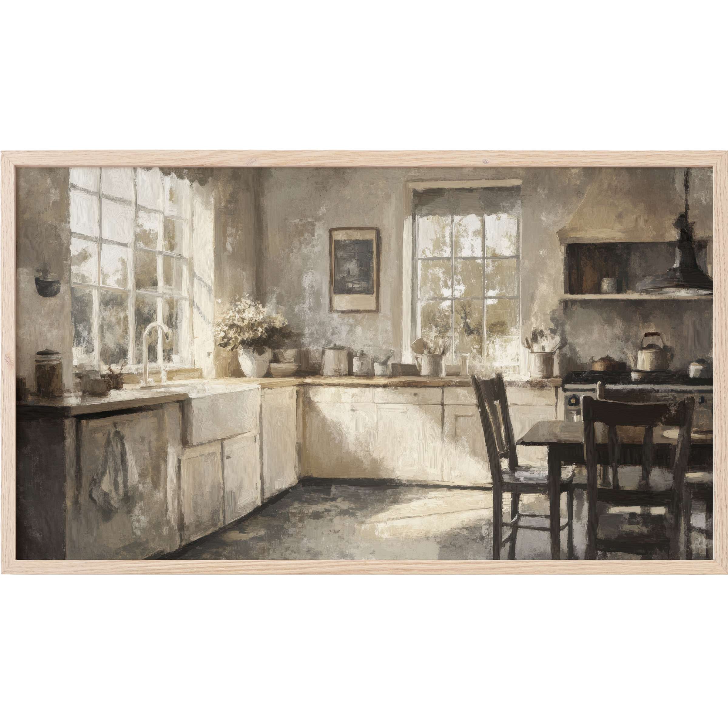 Farmhouse Frame TV Art depicting a serene kitchen in muted earth tones with soft natural light and rustic charm