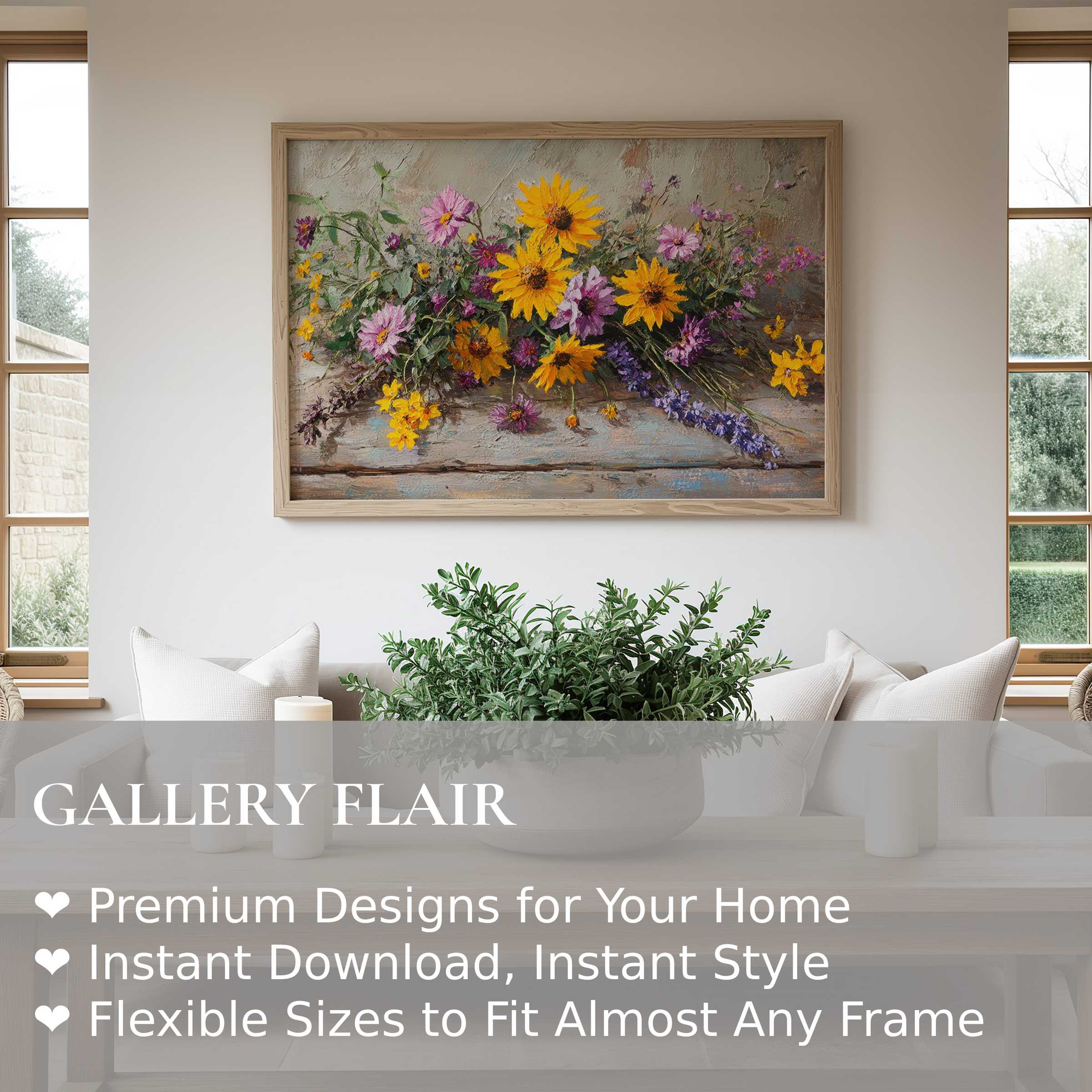 Radiant floral wall art print with sunflowers and wildflowers, elevating a serene modern living room with natural elegance