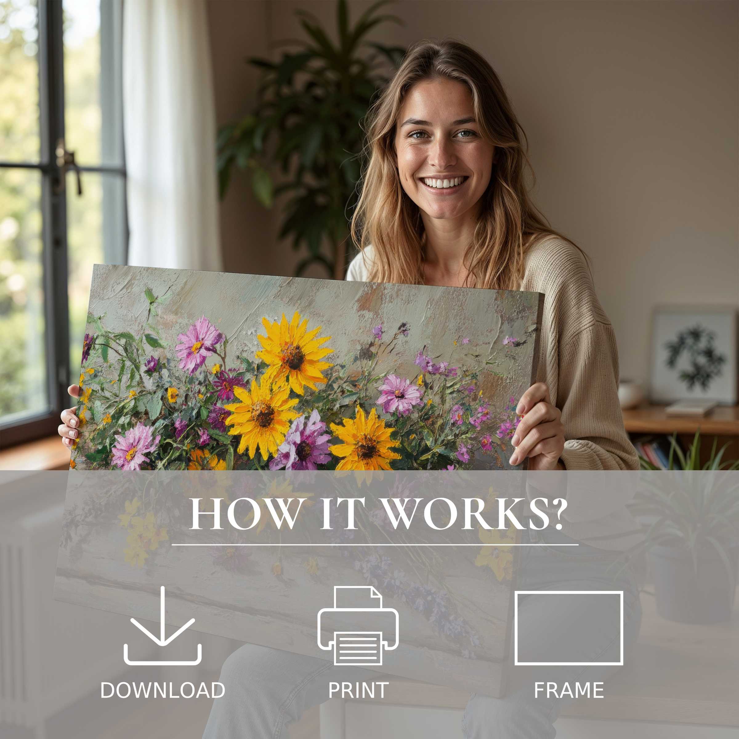 A serene moment reveals the joy of living with floral digital art print-vibrant sunflowers and wildflowers enliven a modern, elegant home