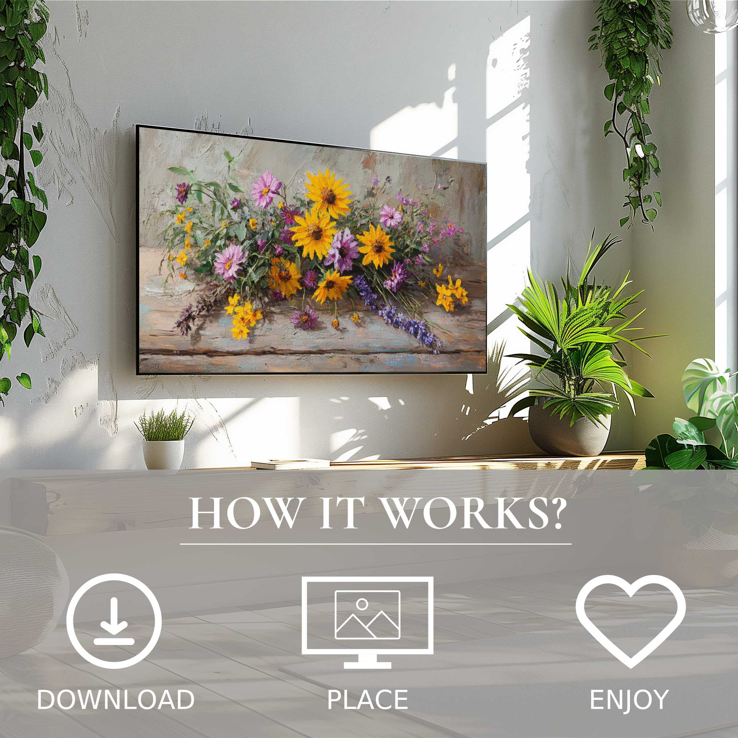 Floral art for Samsung TV with vibrant blooms, easy digital download, enriching your living space with natural charm