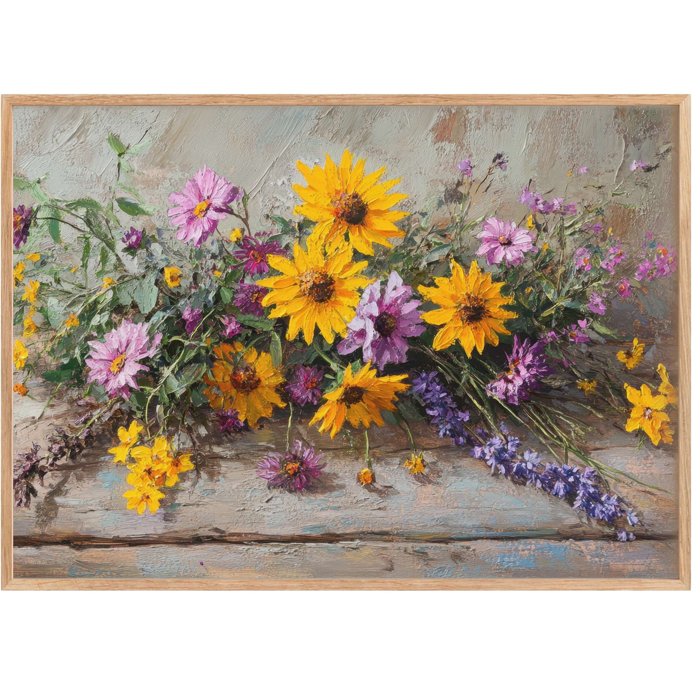 Sunlit floral printable wall art blending vibrant yellows and soft lavenders for a radiant, uplifting ambiance in elegant spaces