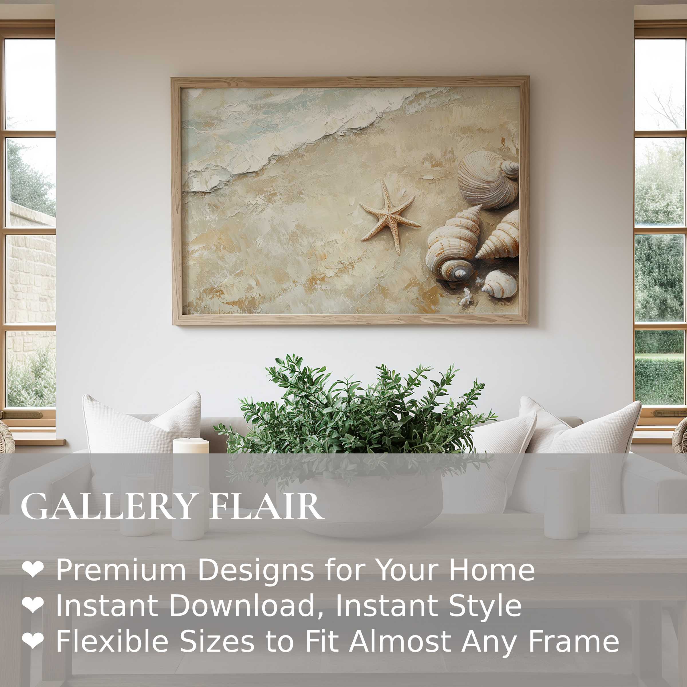 Coastal wall art print with textured seashells and starfish, radiating serene, natural elegance in a modern, airy living space