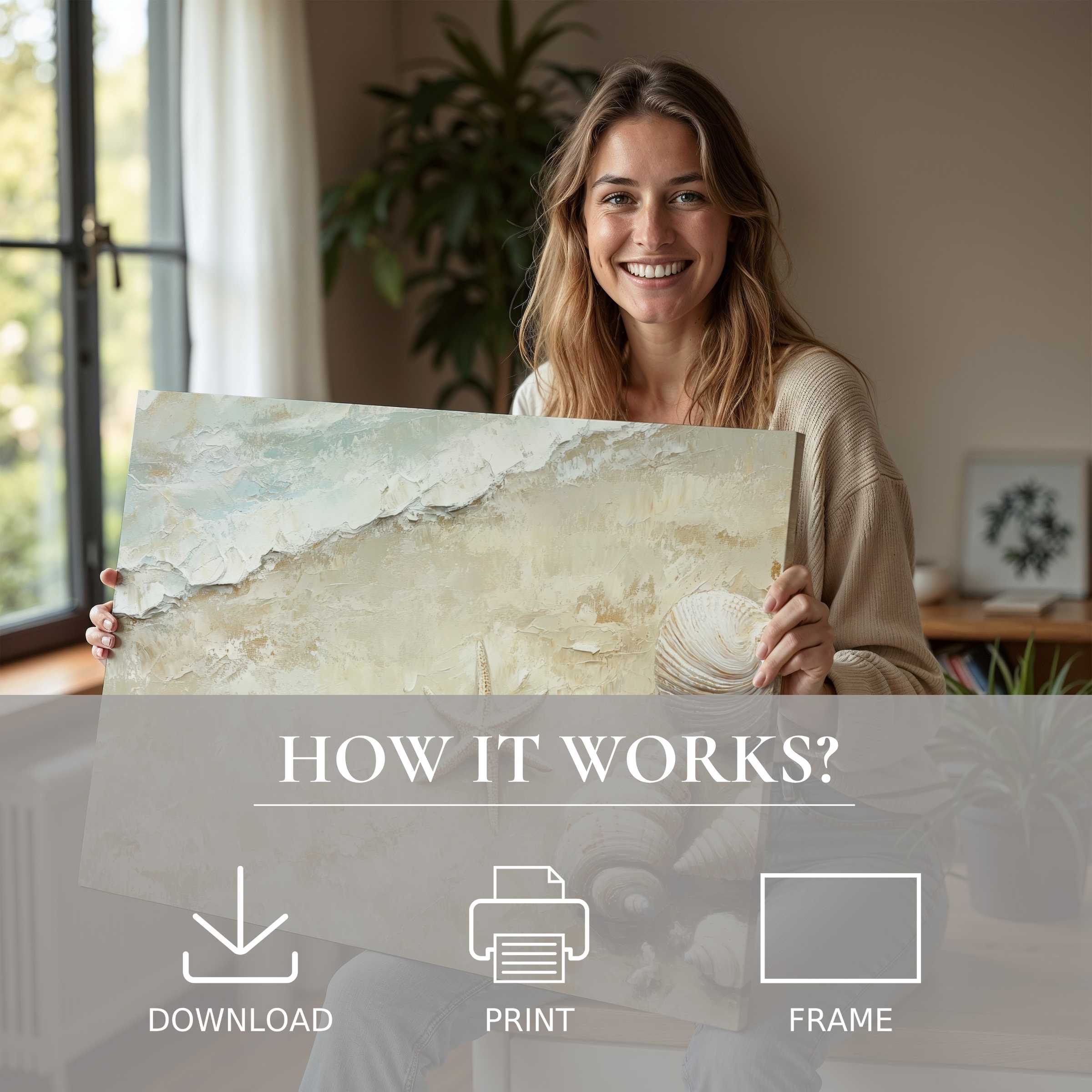 Coastal digital art print brings serene joy and effortless elegance to modern homes, inspiring a seamless embrace of art