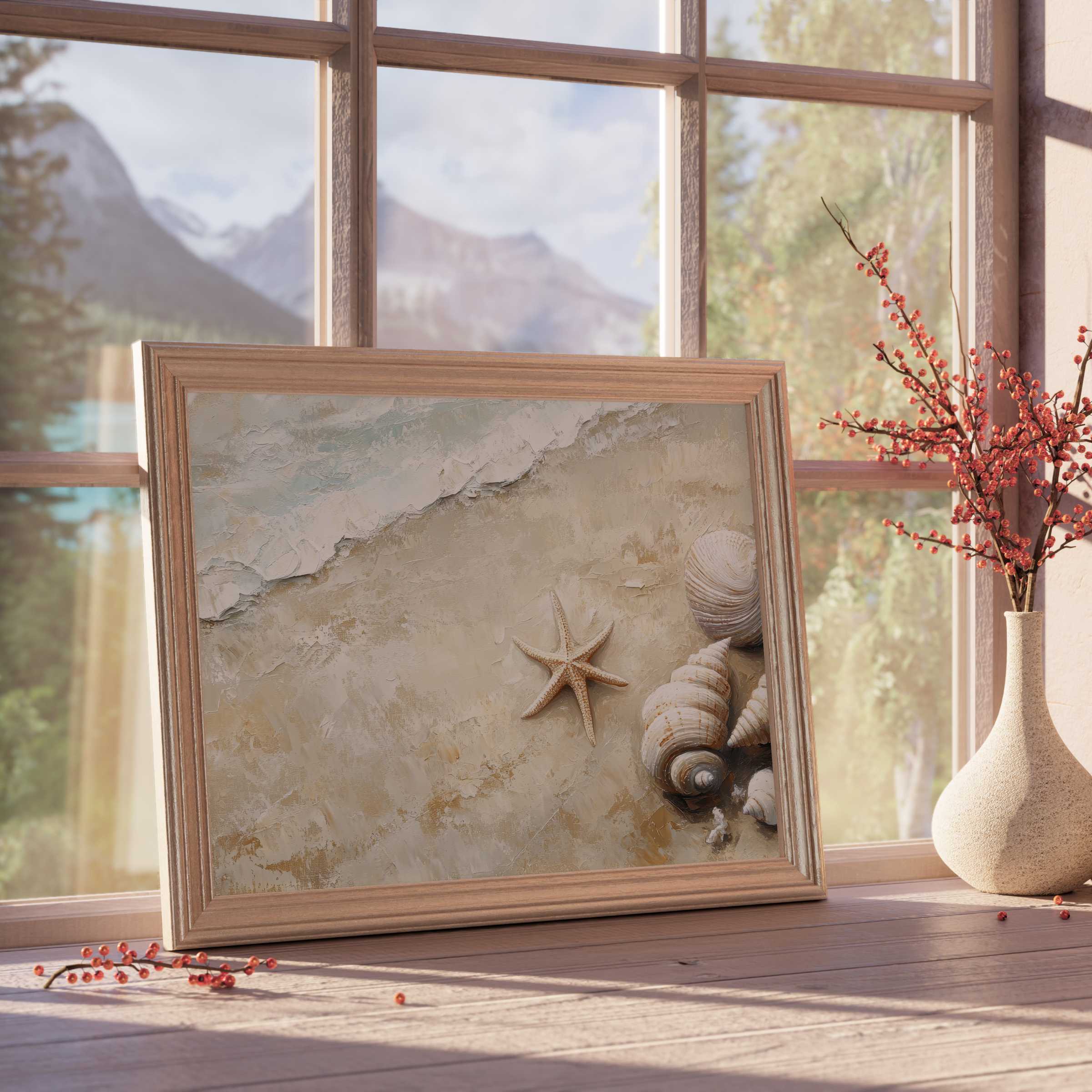 Coastal downloadable art radiating serene beach vibes with textured seashells and starfish, elevating tranquil, curated interiors