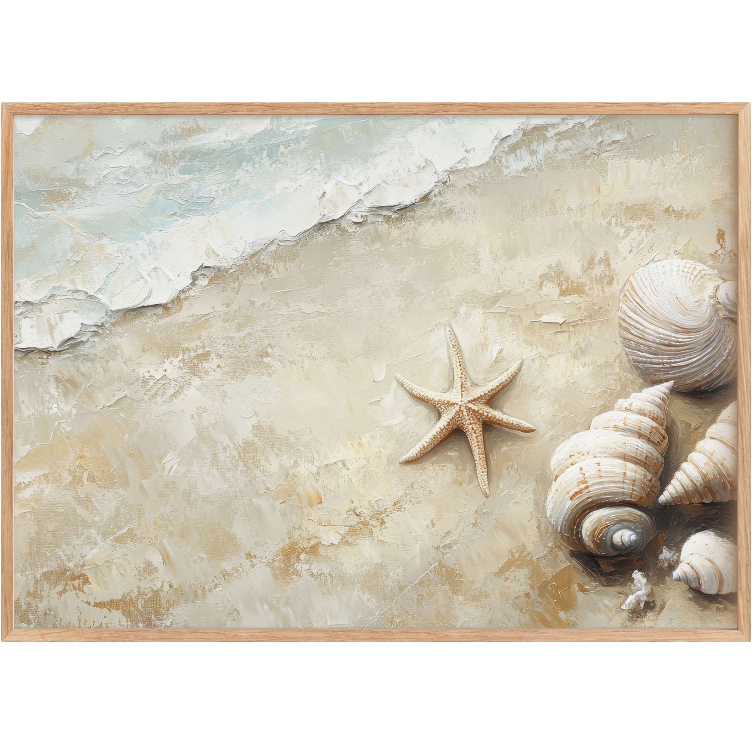 Coastal printable wall art featuring serene sandy tones and gentle seafoam greens, evoking a calming beachside retreat