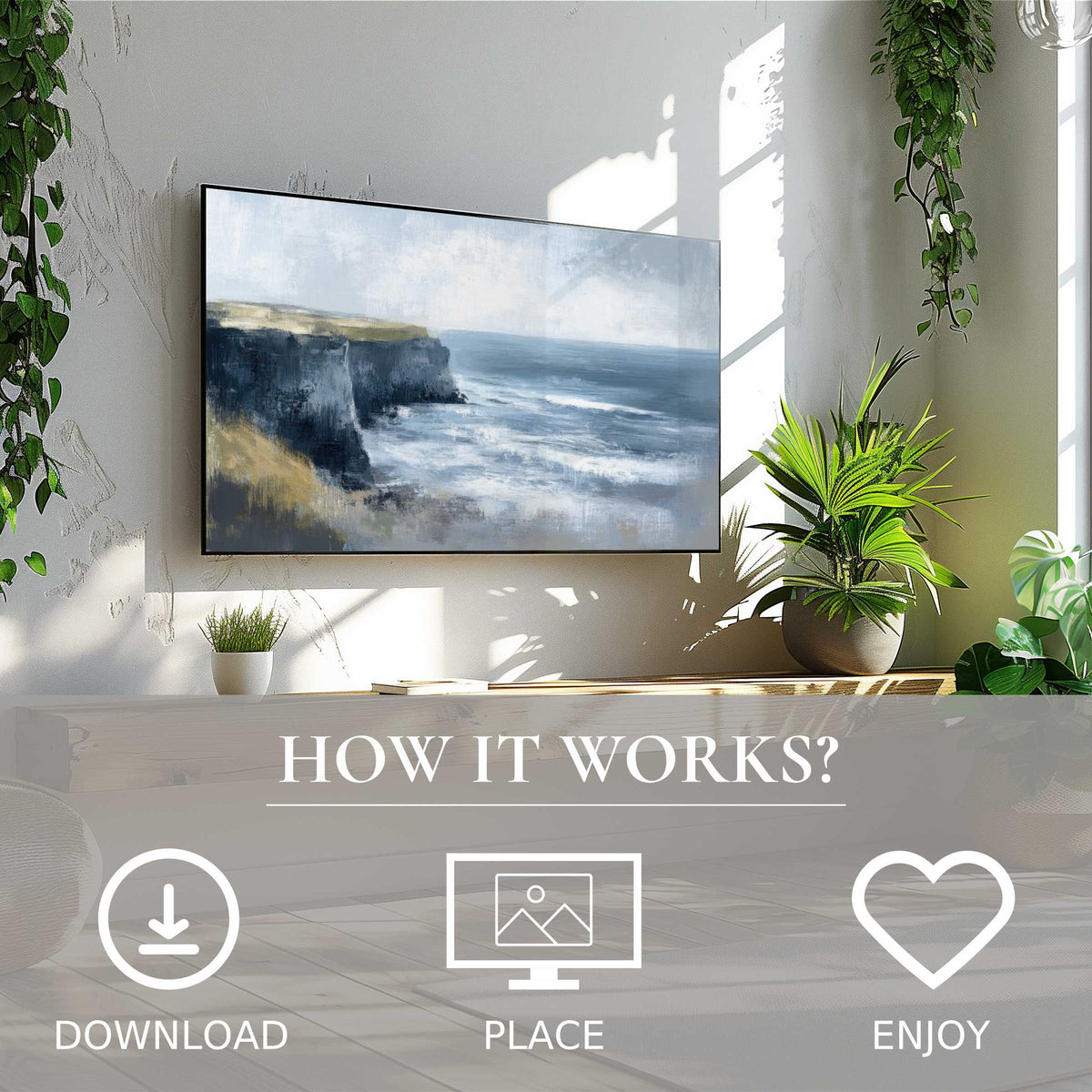 Summer art for Samsung TV, digital download, calm coastal scene with soft blues enriches modern living spaces