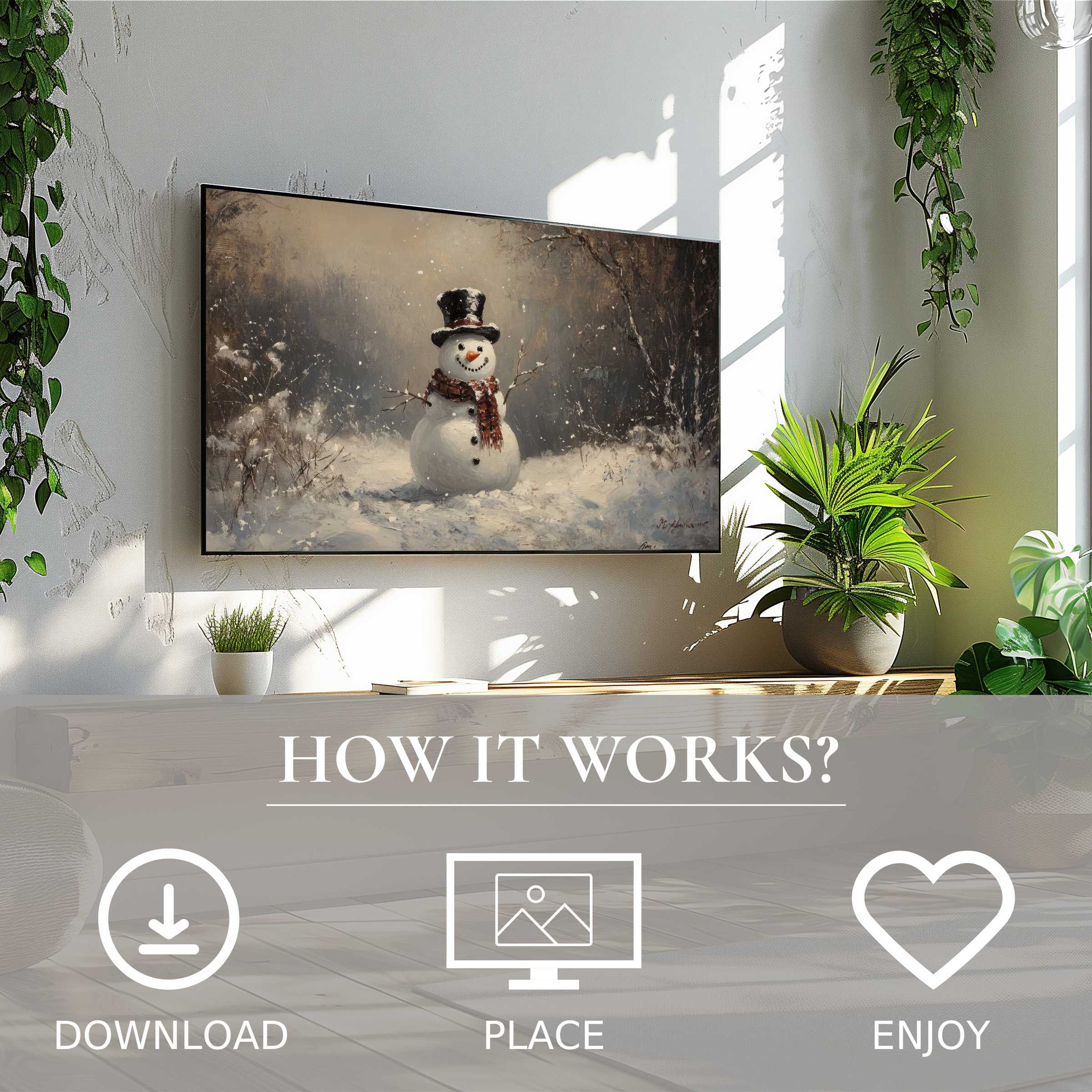Modern living room with easy digital download; christmas art for Samsung TV shows snowy snowman in soft winter tones