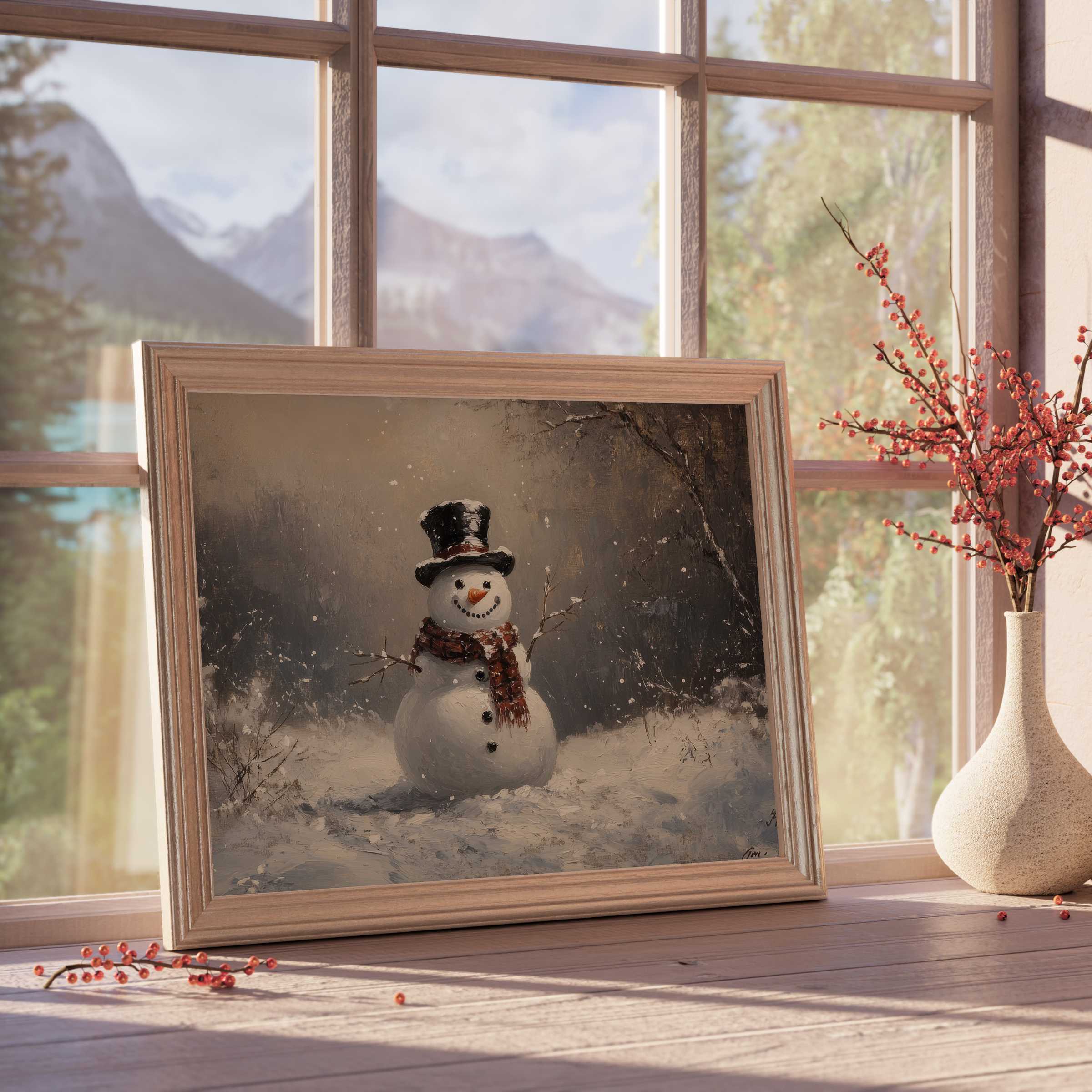 Christmas downloadable art of a charming snowman with a cozy scarf, framed in warm wood, enriching serene, stylish interiors with festive tranquility