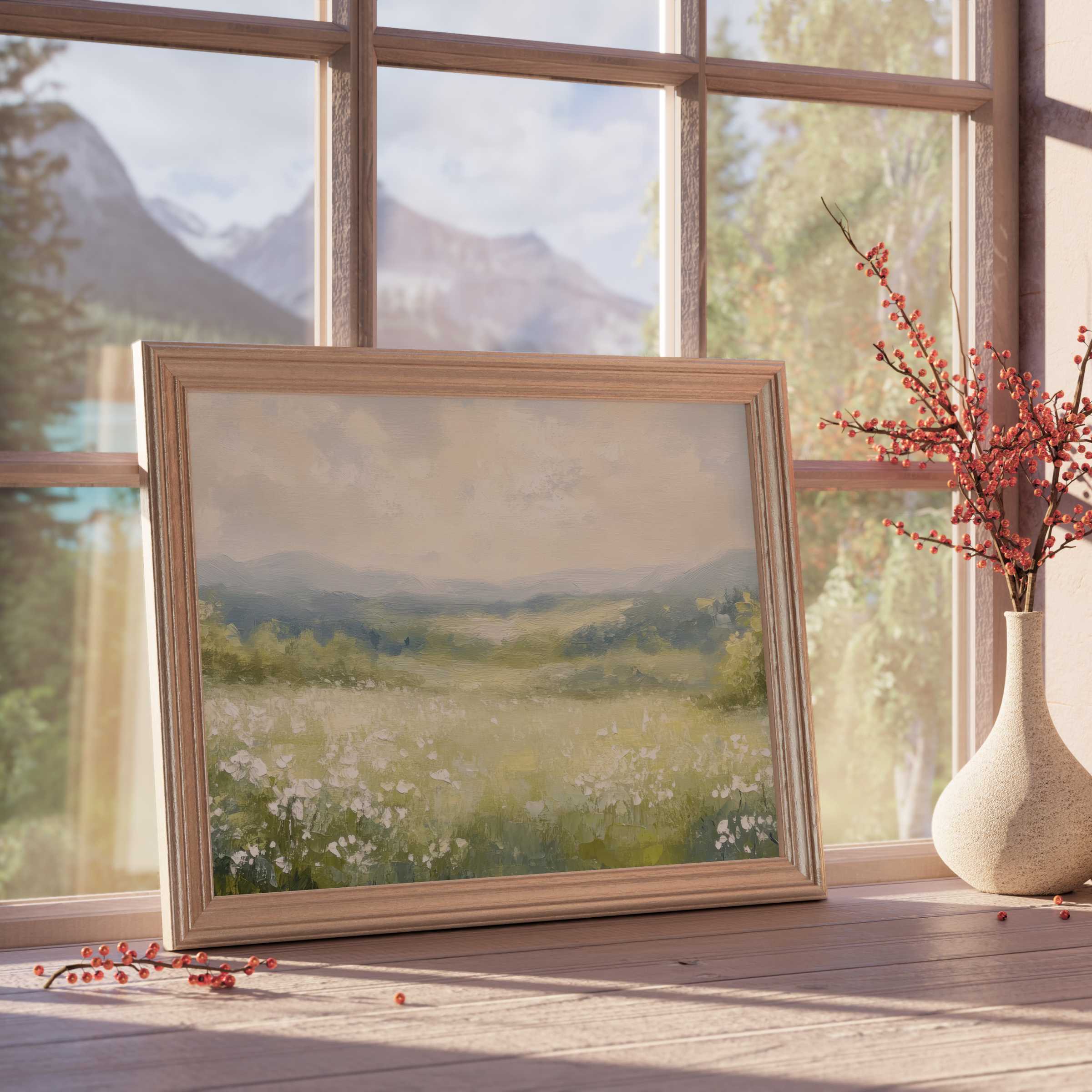 Serene spring downloadable art featuring soft wildflower meadows and misty mountains, perfect for curated tranquil interiors