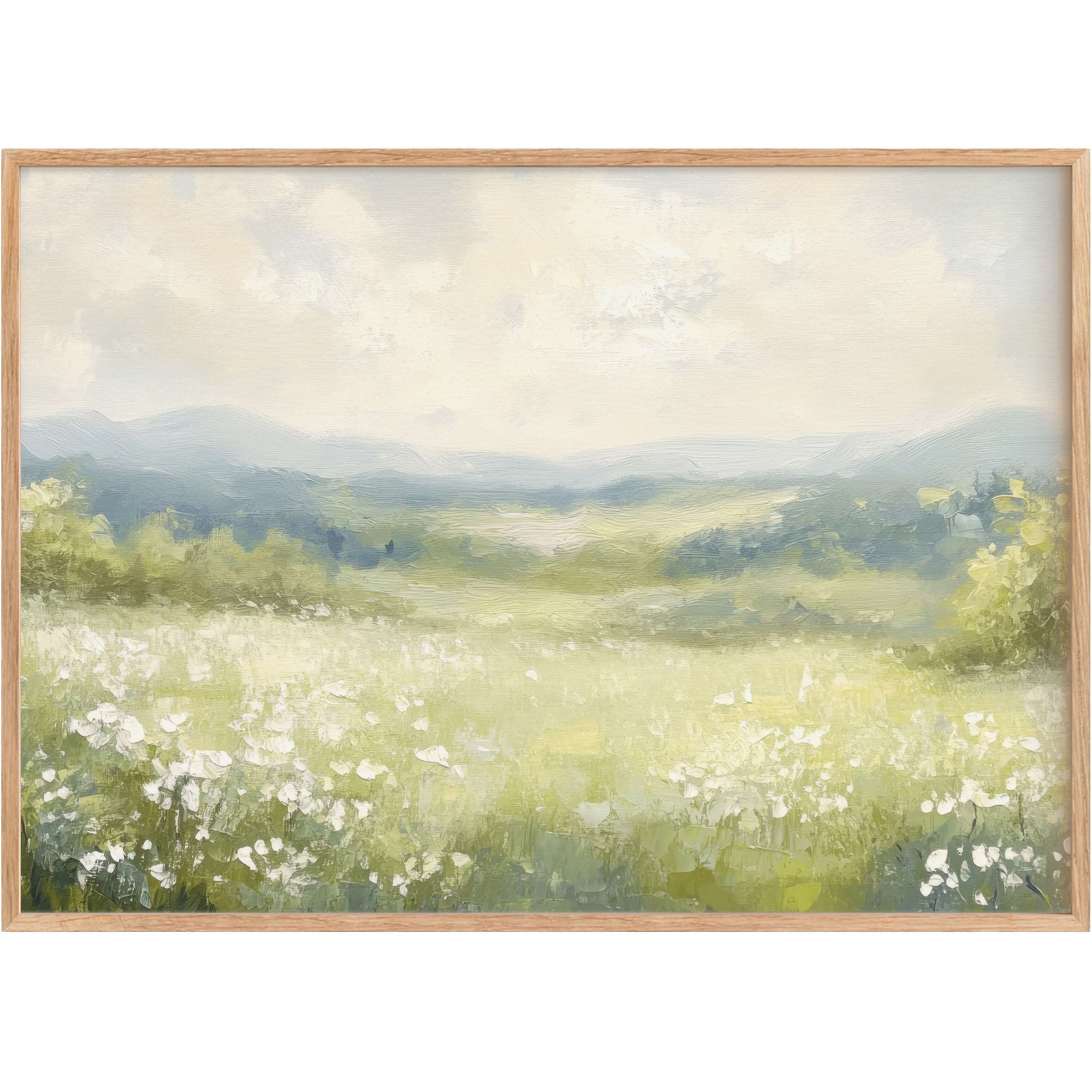 Spring printable wall art capturing a serene meadow in soft greens and blues, evoking a calming, airy ambiance