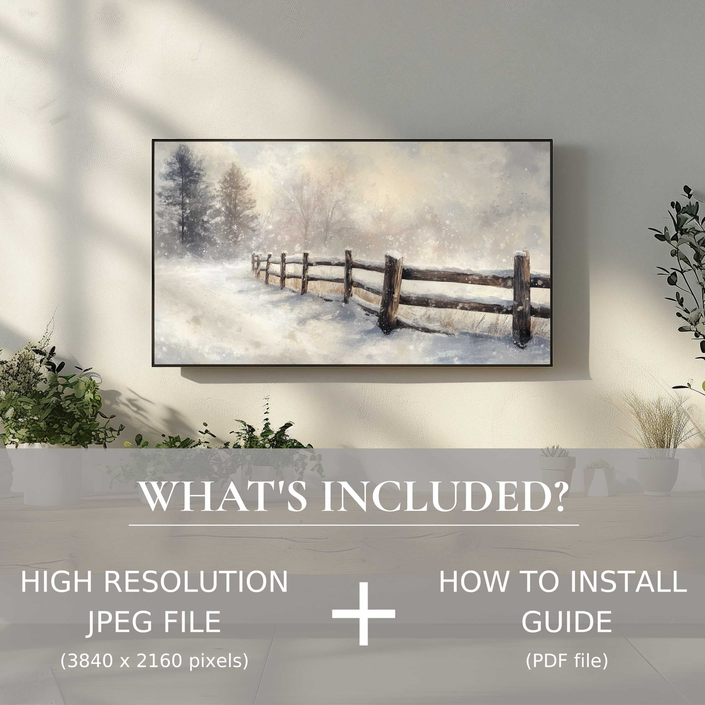 Elegant winter digital TV art download brightens your living room with easy digital use and serene snowy landscape