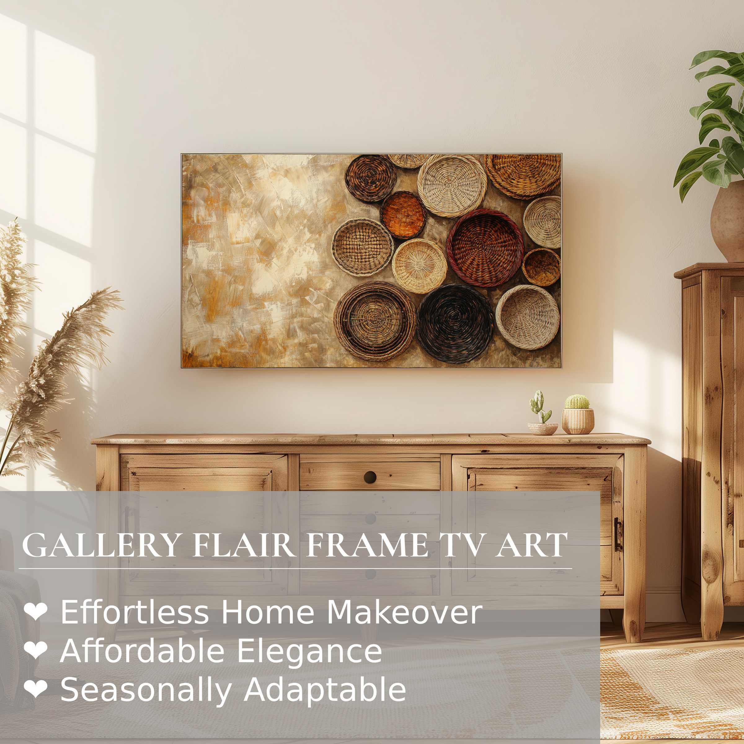 Samsung Frame TV showcasing boho digital artwork of woven baskets in a warm, natural, stylish setting