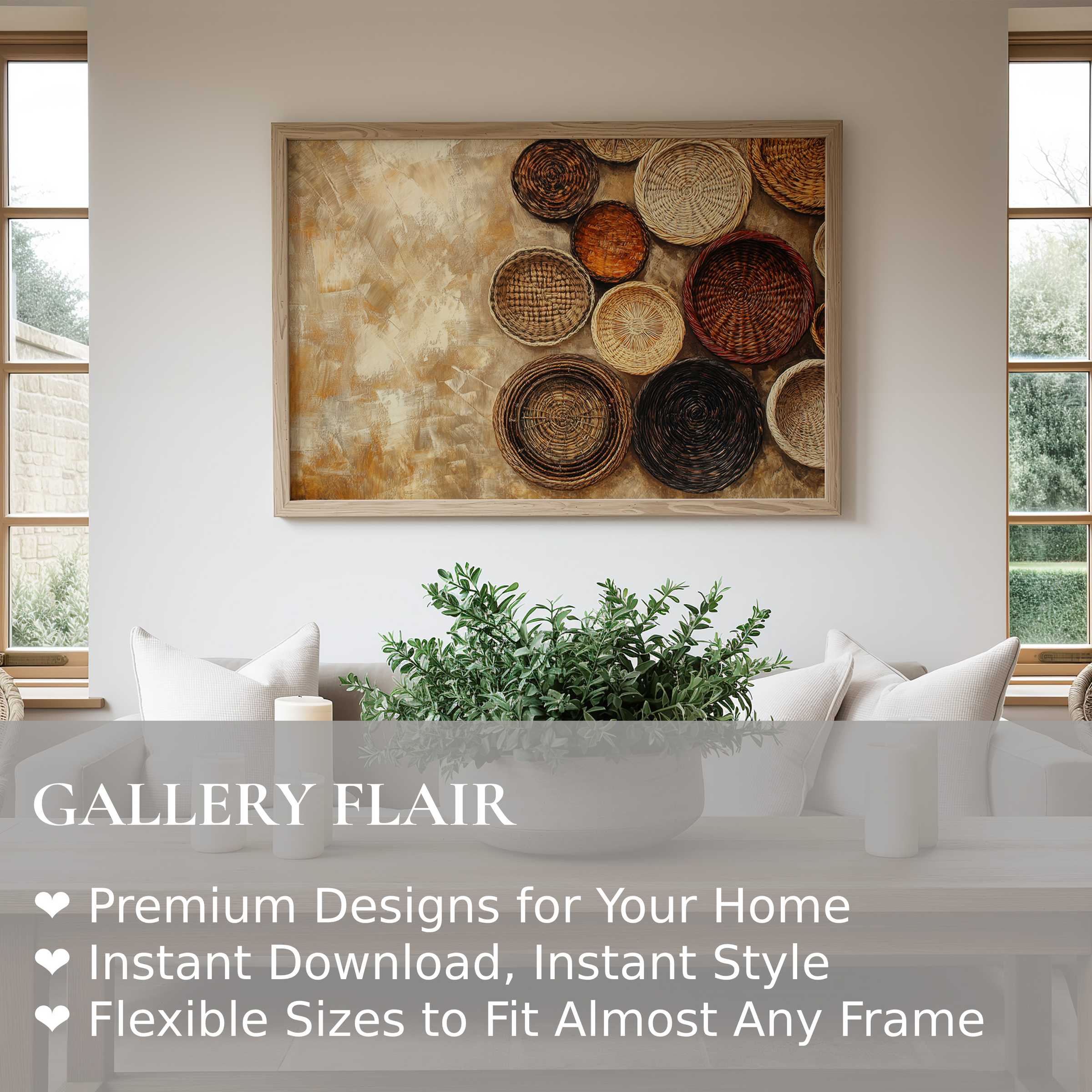 Boho wall art print featuring textured woven baskets in warm earth tones, enhancing a serene, modern farmhouse living space with natural elegance