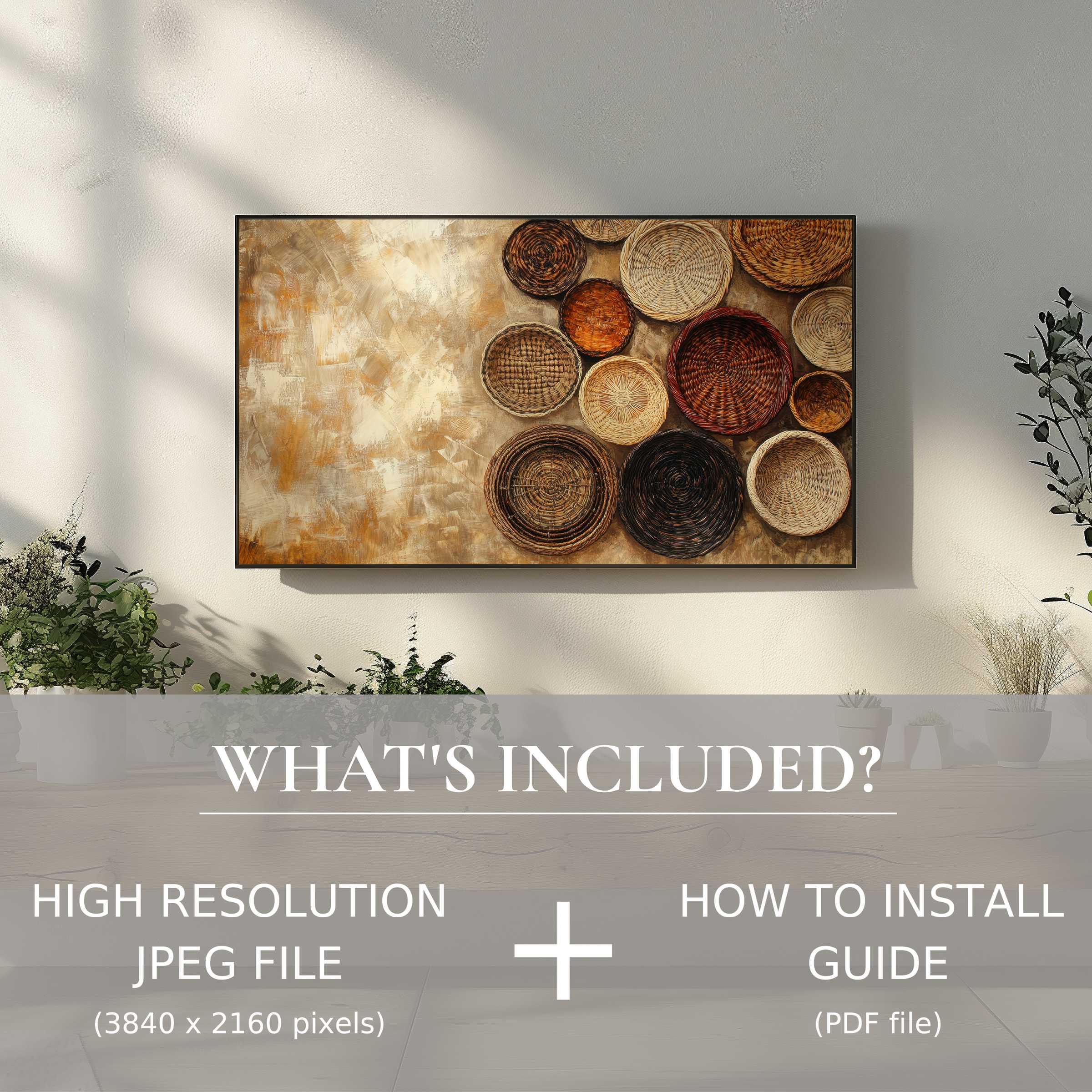 Elegant boho digital TV art download adds warmth and texture, easy to use, elevating any modern living space
