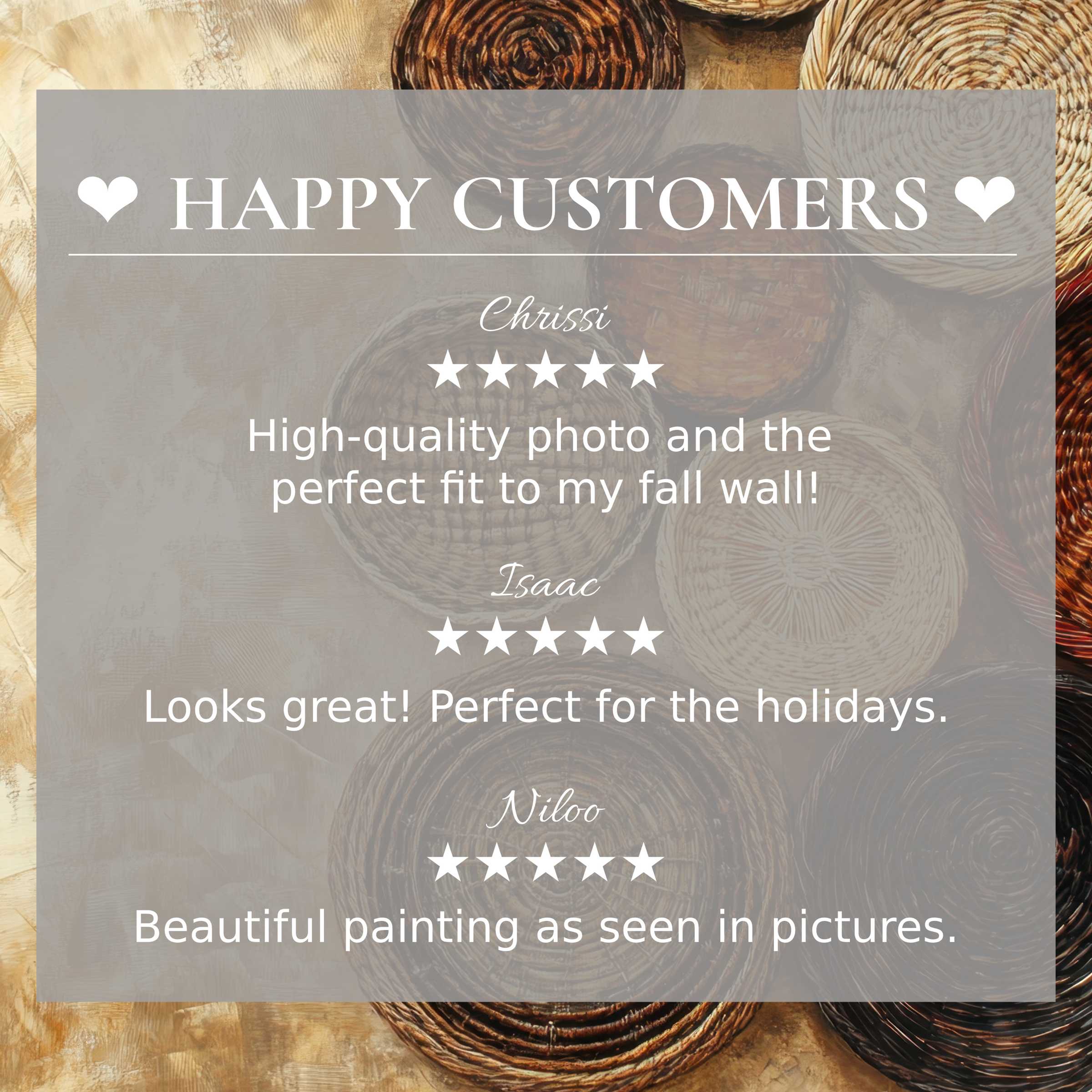 Boho art for Frame TV with warm woven textures, showcasing happy customer reviews and elegant, trust-building design