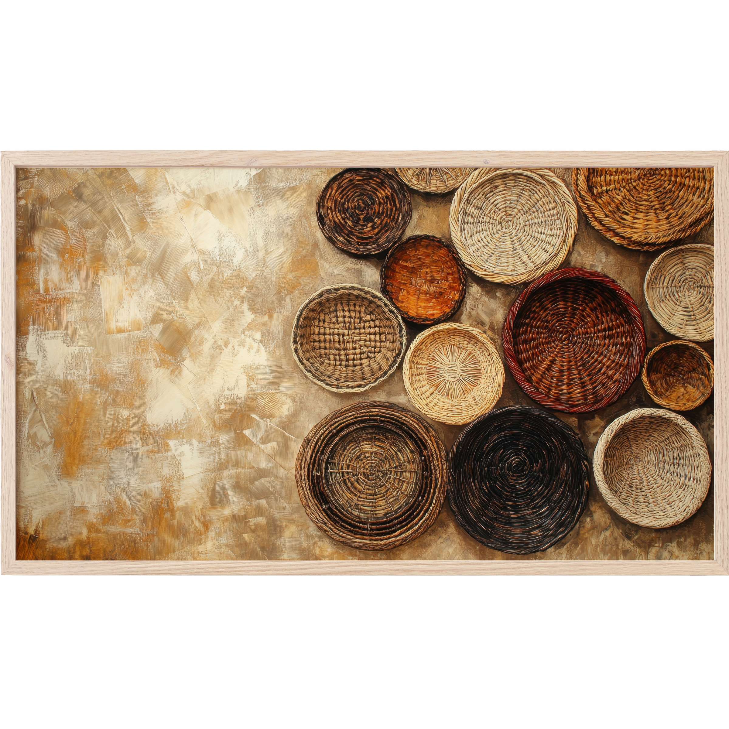 Boho Frame TV Art with textured, woven baskets in earthy browns and creams on a warm, abstract beige backdrop