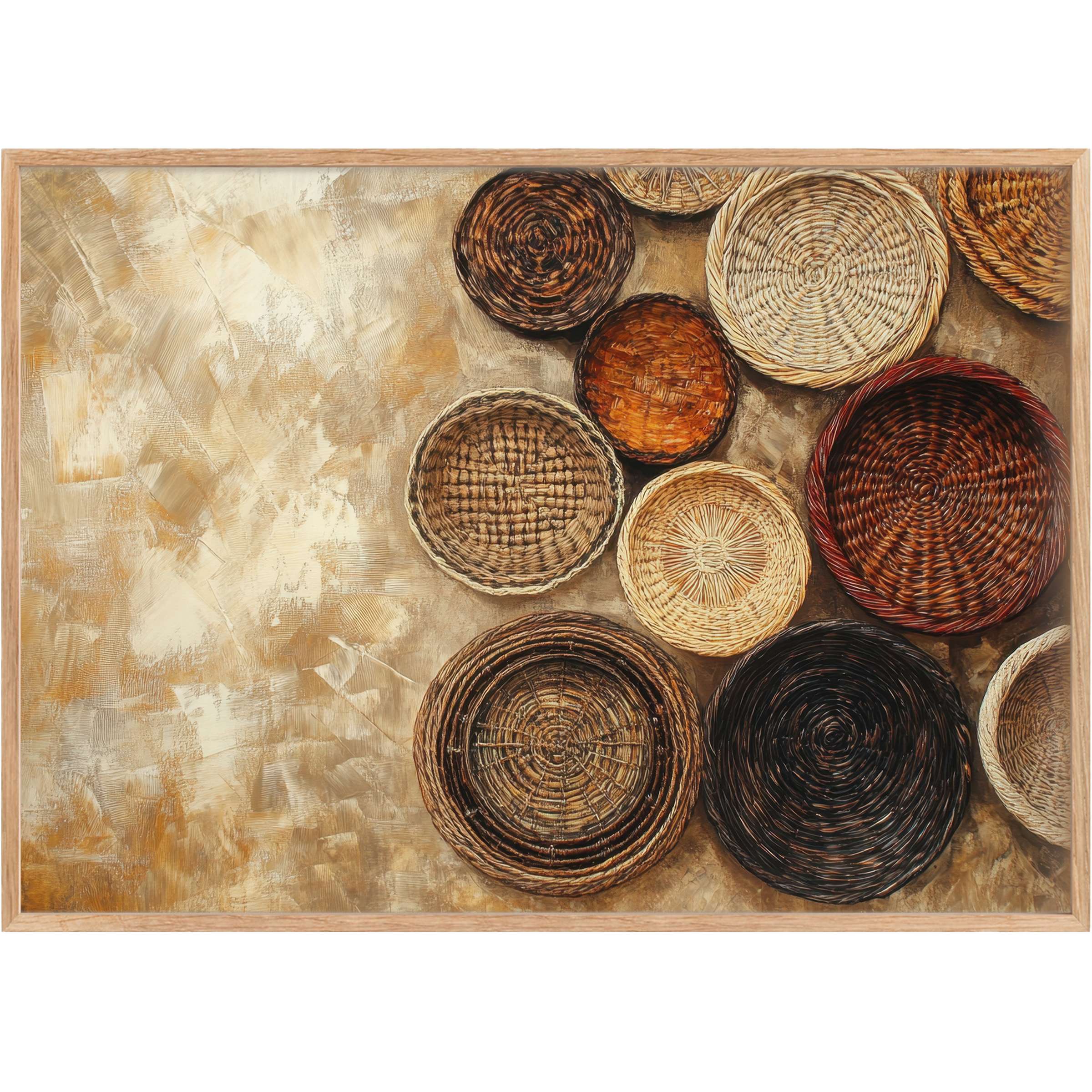 Earth-toned boho printable wall art featuring woven baskets in rich browns and creams, creating a warm, grounding ambiance