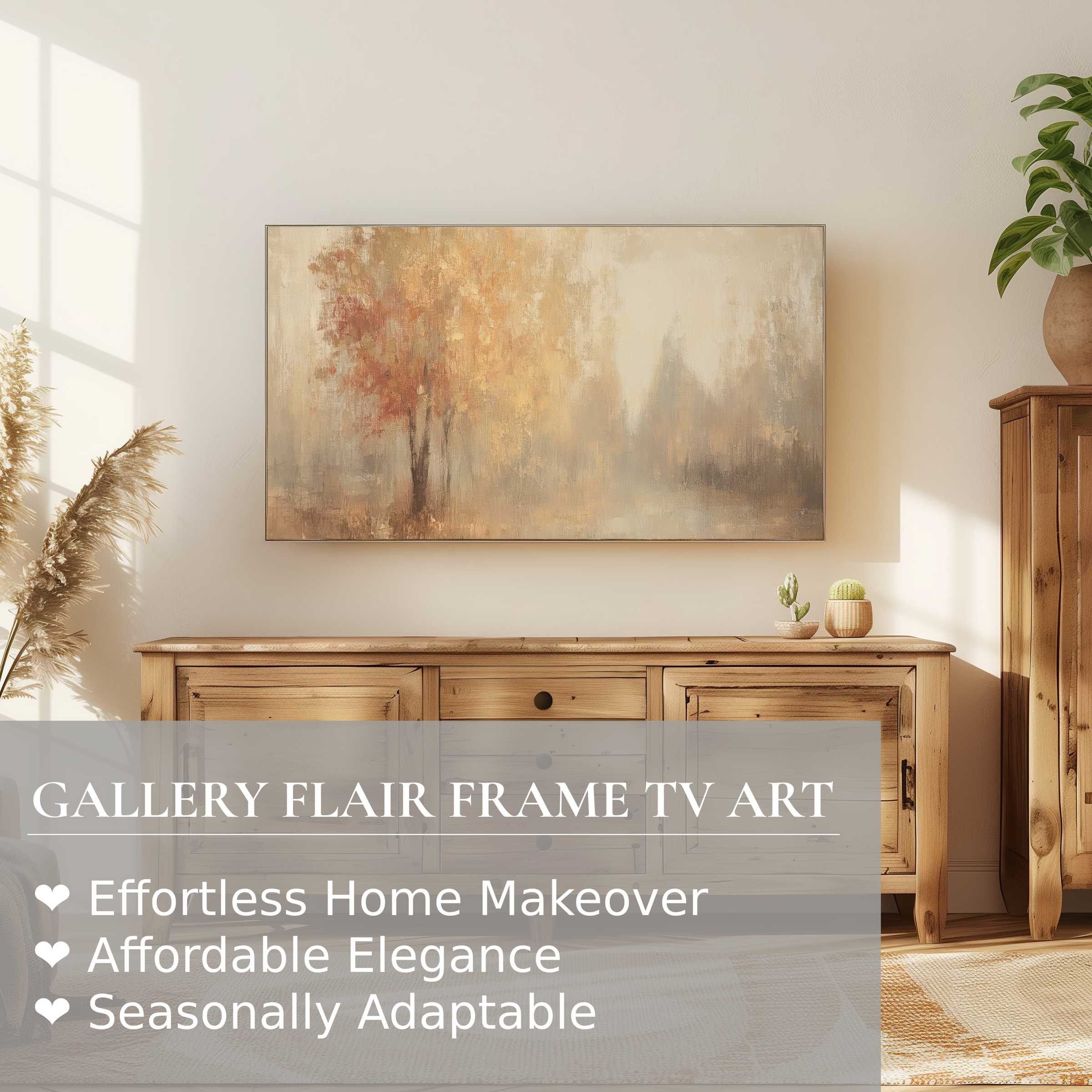 Samsung Frame TV displays subtle fall digital artwork in a serene, modern living space with warm wood tones