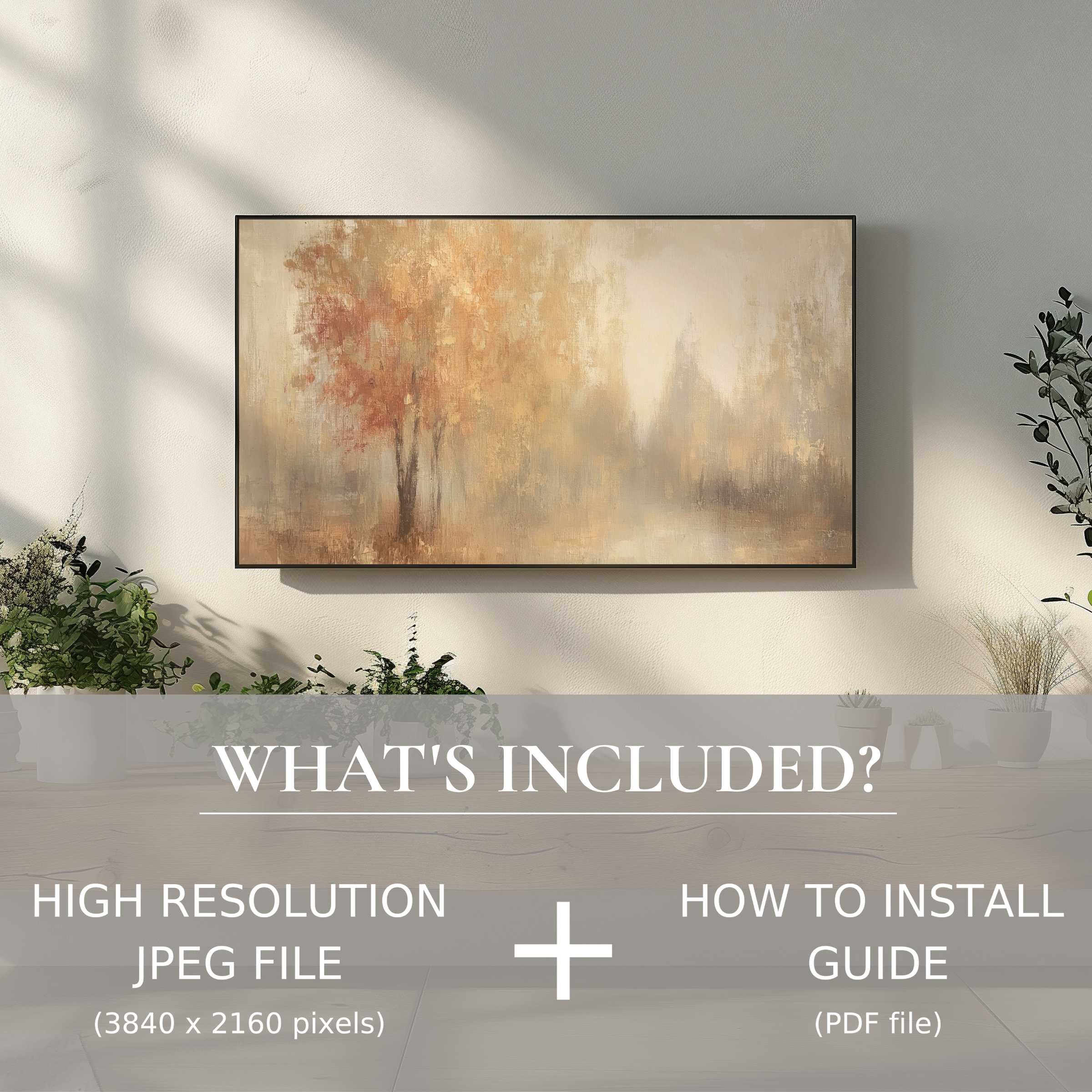 Fall digital TV art download, easy digital use, enriches elegant living space with warm, modern autumn tones and serenity