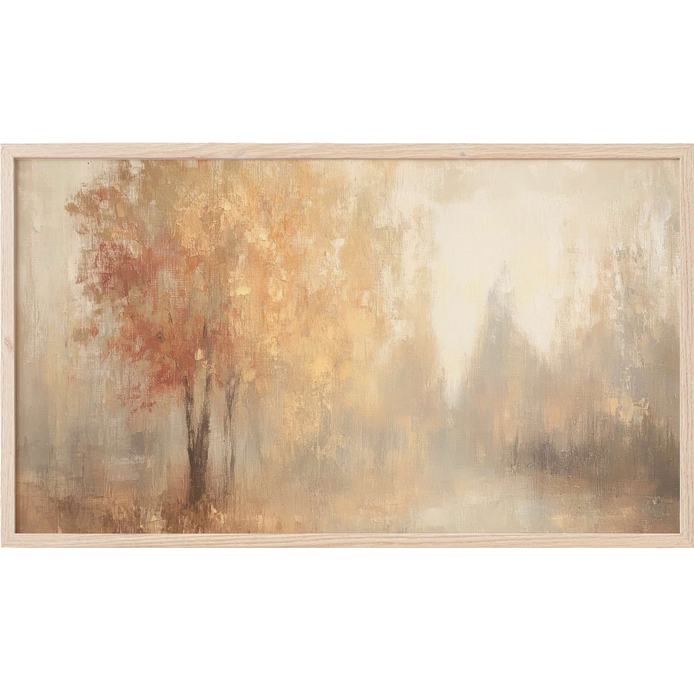 Fall Frame TV Art featuring a soft, muted palette of gold, beige, and rust in a dreamy, impressionistic forest scene