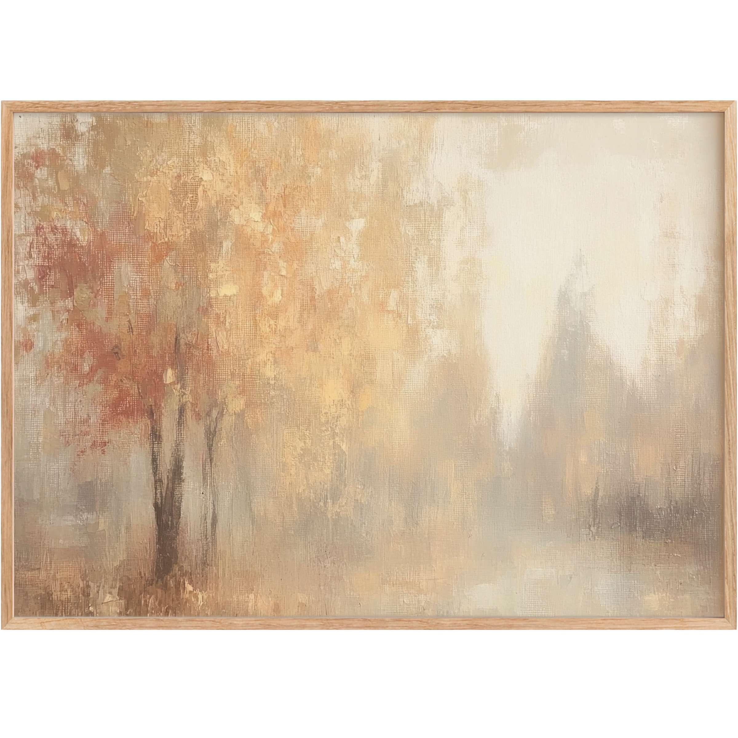 Elegant fall printable wall art with soft amber and rust hues, evoking a serene, misty autumn morning ambiance