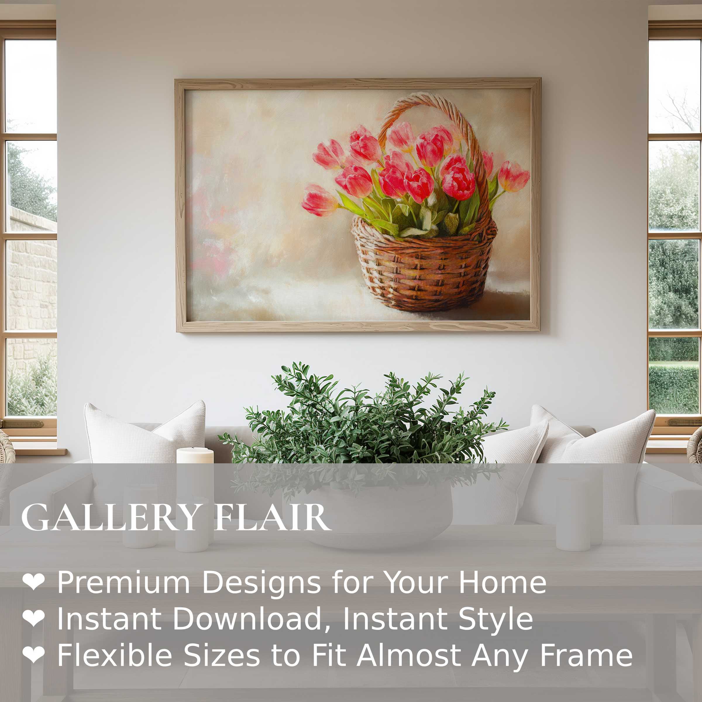 Easter wall art print featuring radiant pink tulips in a woven basket, enhancing a serene, modern farmhouse living space with natural elegance