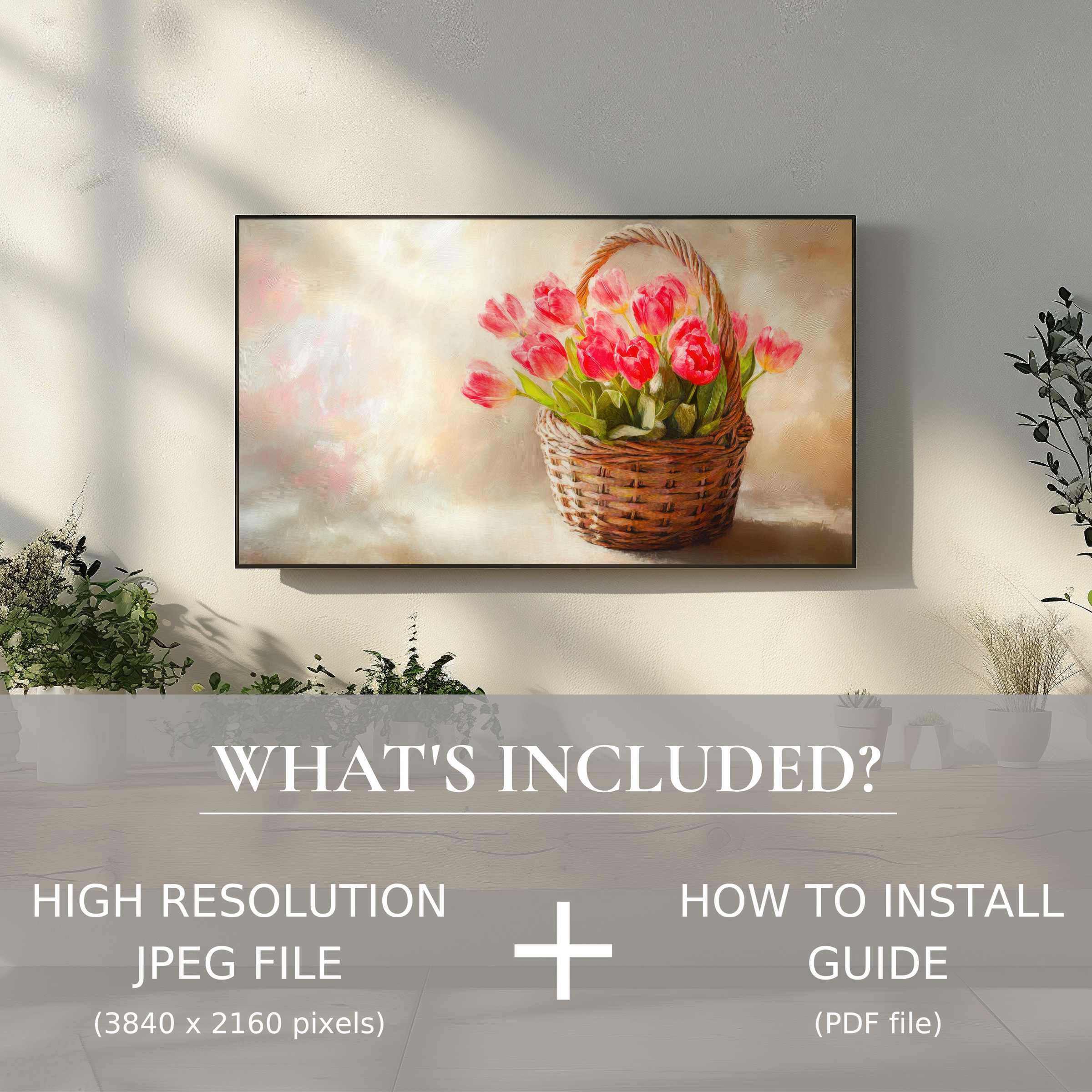 Elegant easter digital TV art download featuring vibrant tulips, easily enhancing modern living spaces with digital simplicity