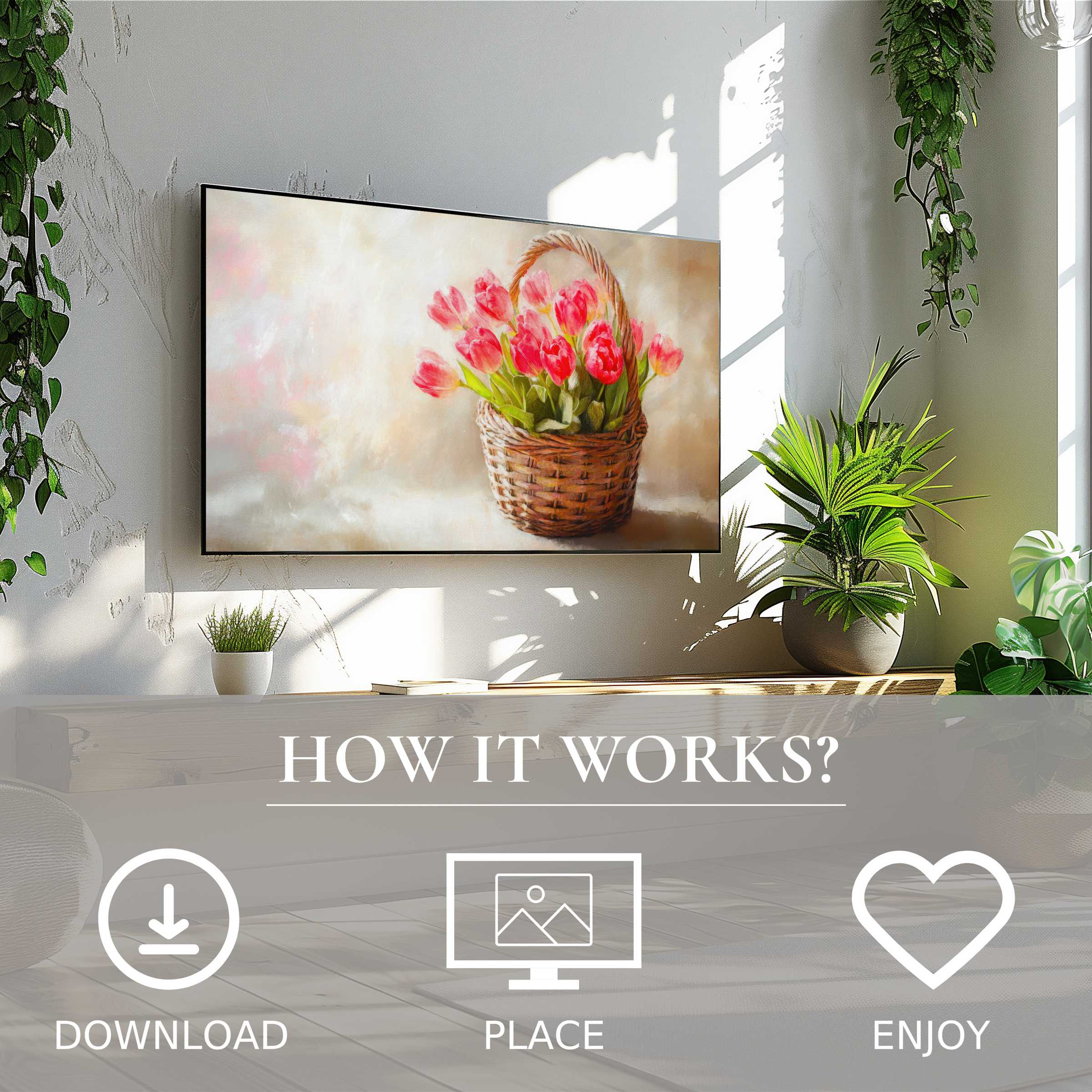 Bright living room with easter art for Samsung TV showing soft floral basket tones; easy digital download enriches space