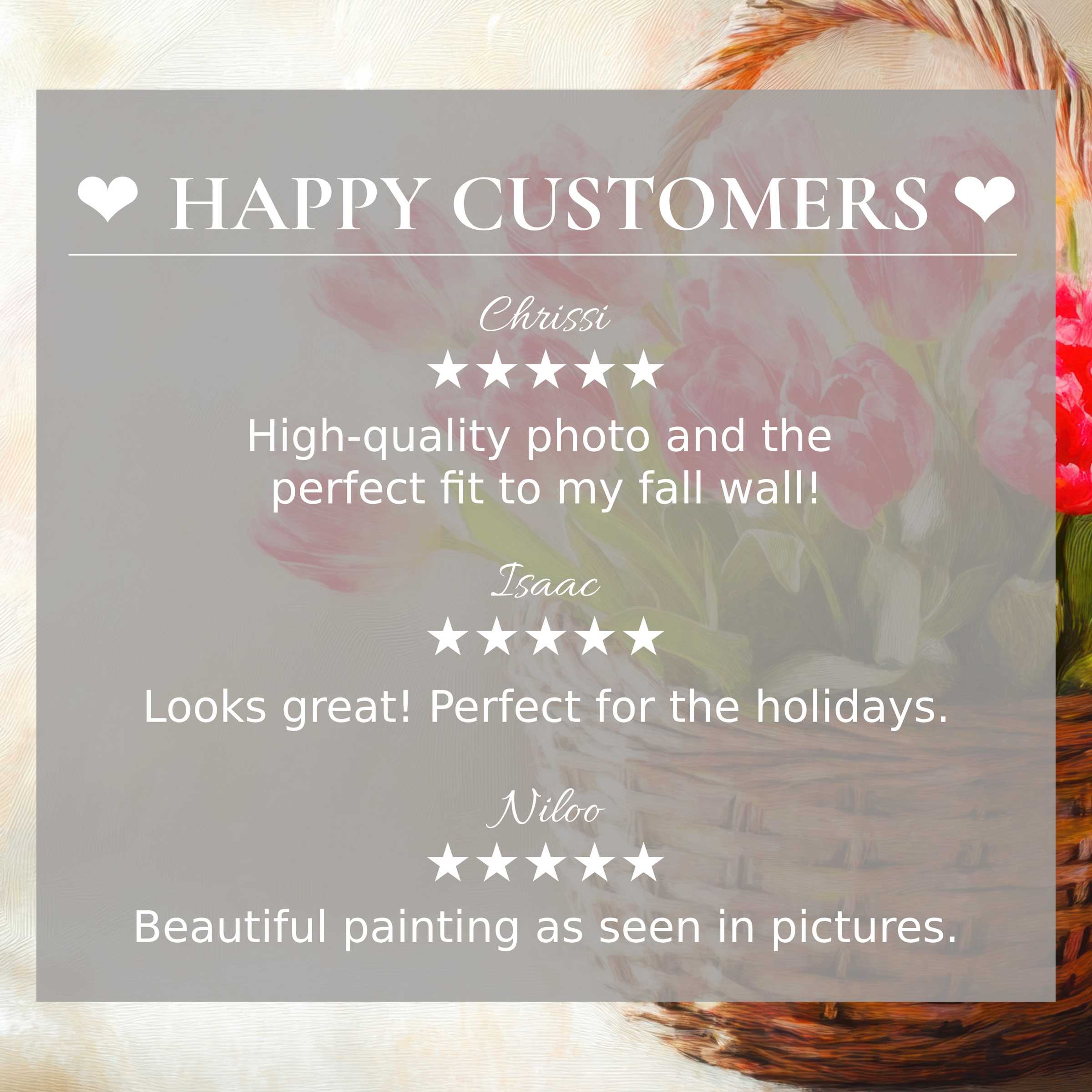 Easter art for Frame TV with abstract sunset hues, showcasing happy customer reviews and an elegant, trusted design