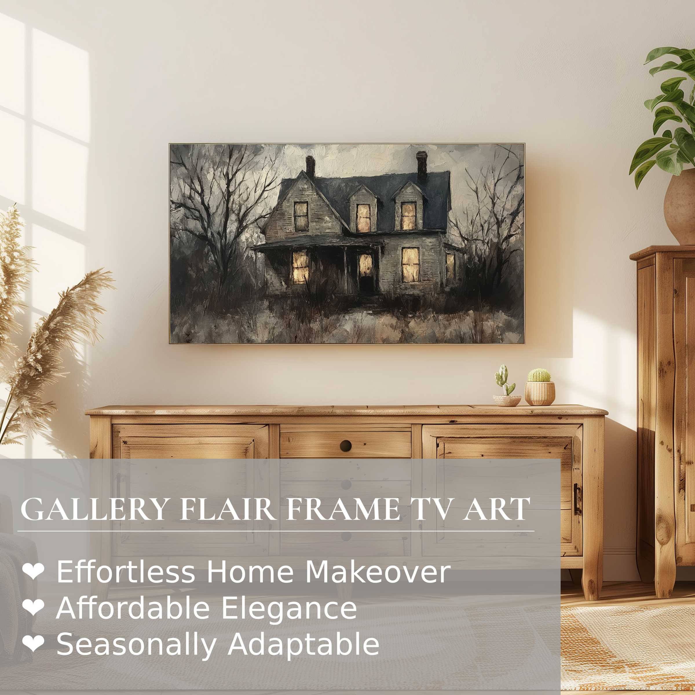 Samsung Frame TV displays moody, textured halloween digital artwork of an eerie, vintage house in a refined living room setting