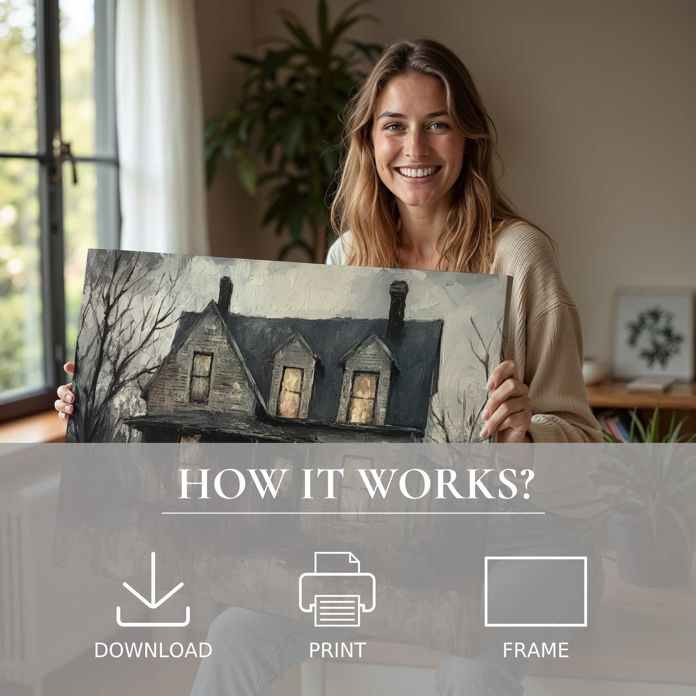 A serene moment capturing the joy of living with a Halloween digital art print in a modern, stylish home