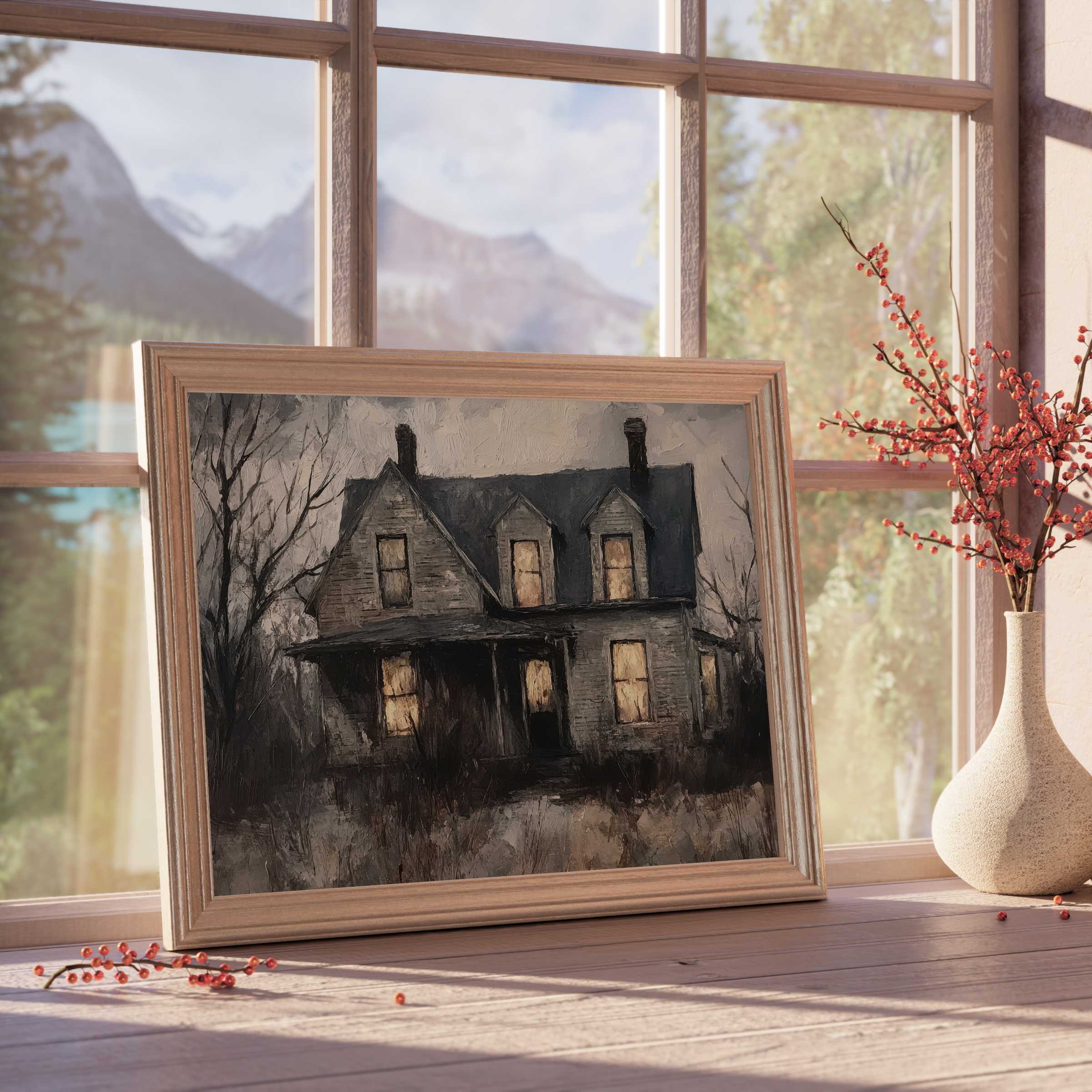 Hauntingly elegant Halloween downloadable art capturing a moody vintage home, perfect for refined seasonal interiors