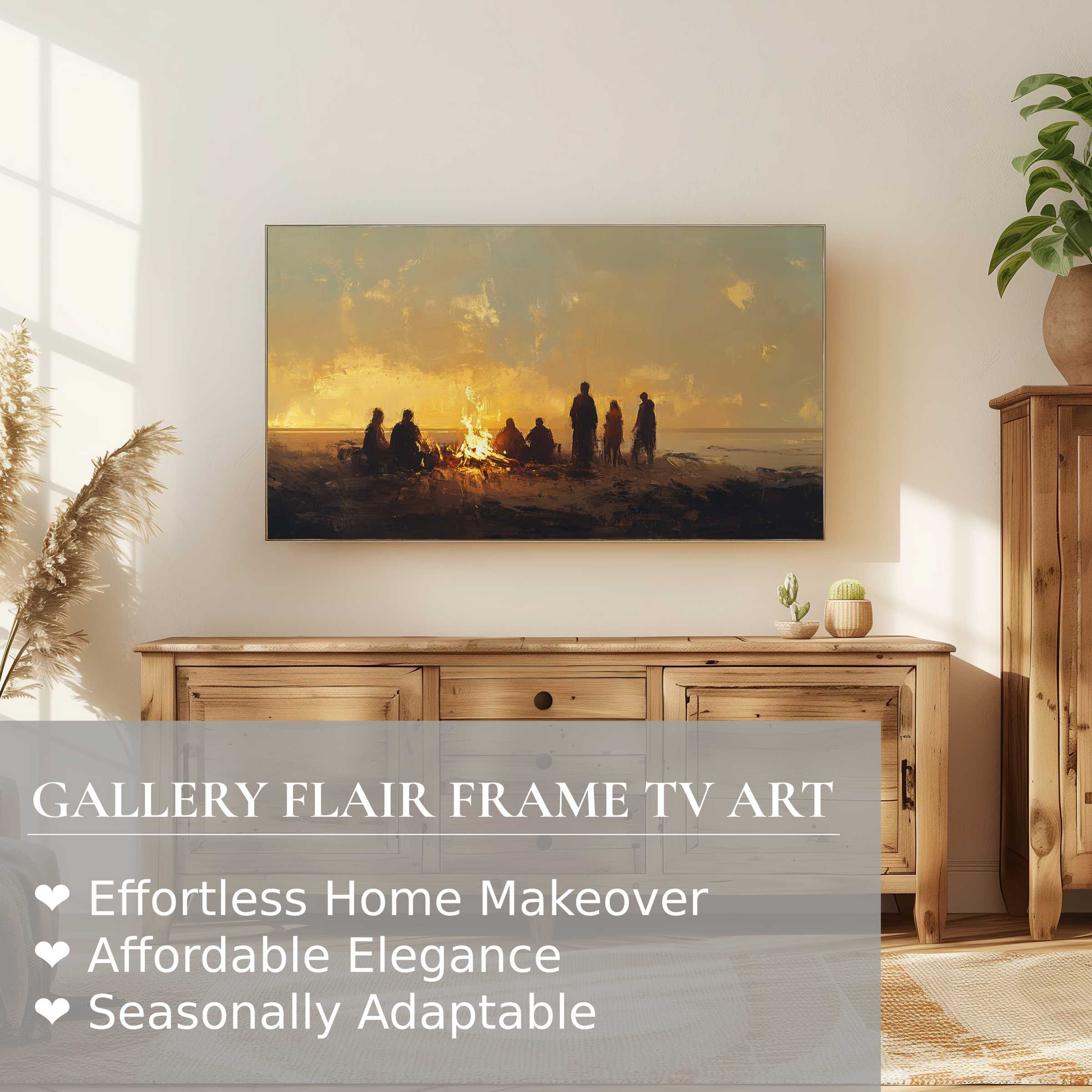 Samsung Frame TV displays warm, impressionistic beach digital artwork with figures by a fire in a serene modern setting