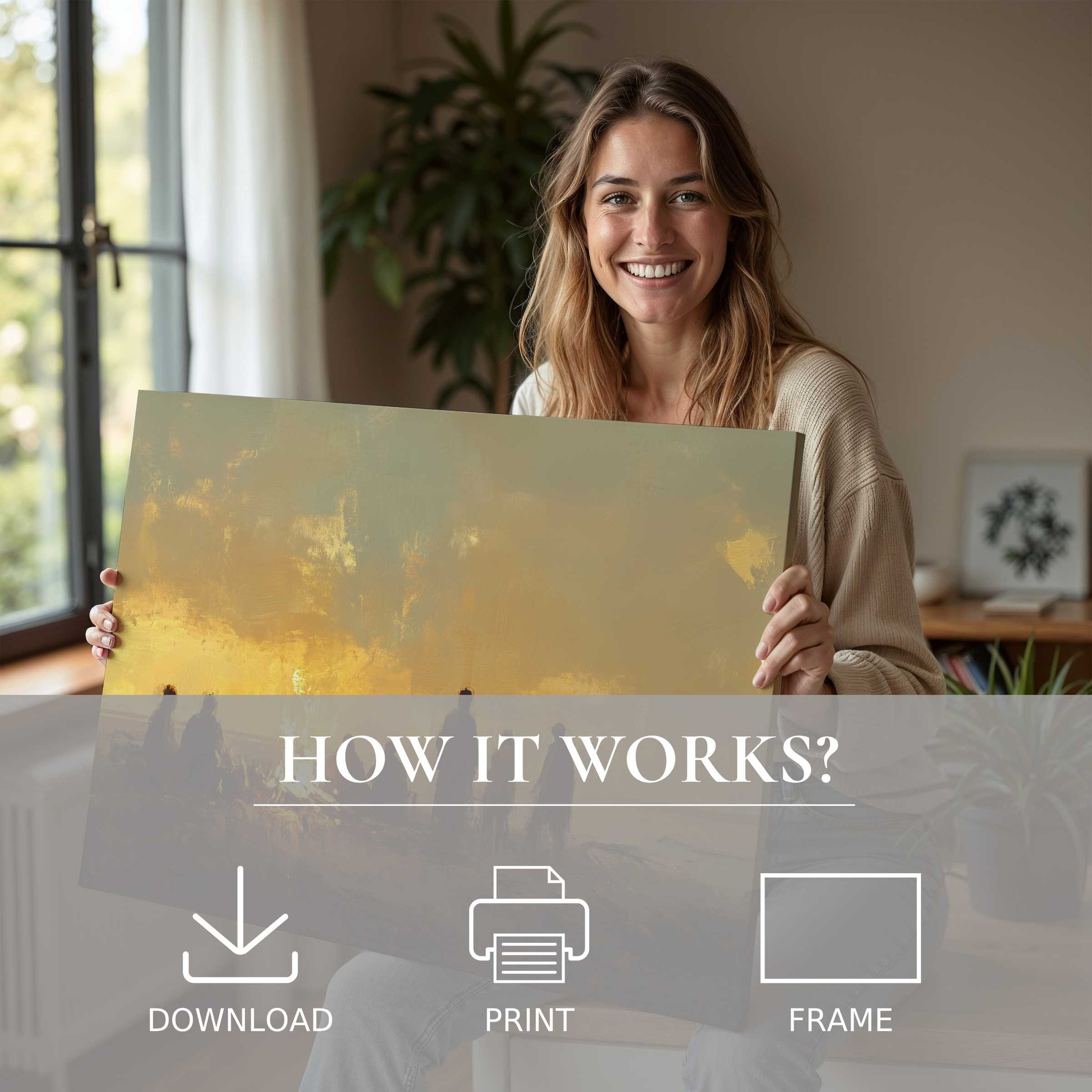 Elegant beach digital art print embraced in a sunlit modern home, evoking serene joy and effortless style