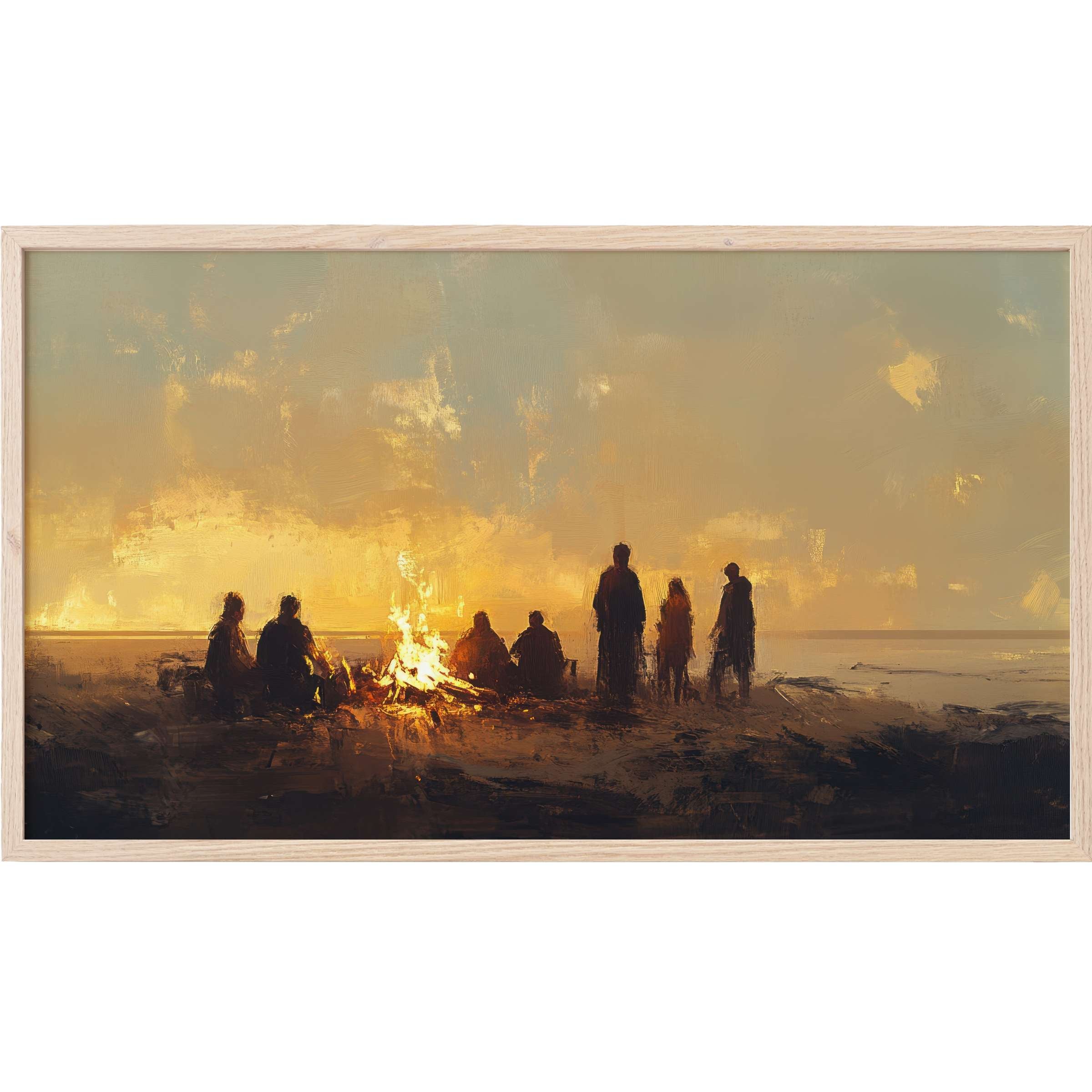 Moody beach scene at dusk with silhouettes around a glowing fire, rendered in warm, muted tones, beach Frame TV Art