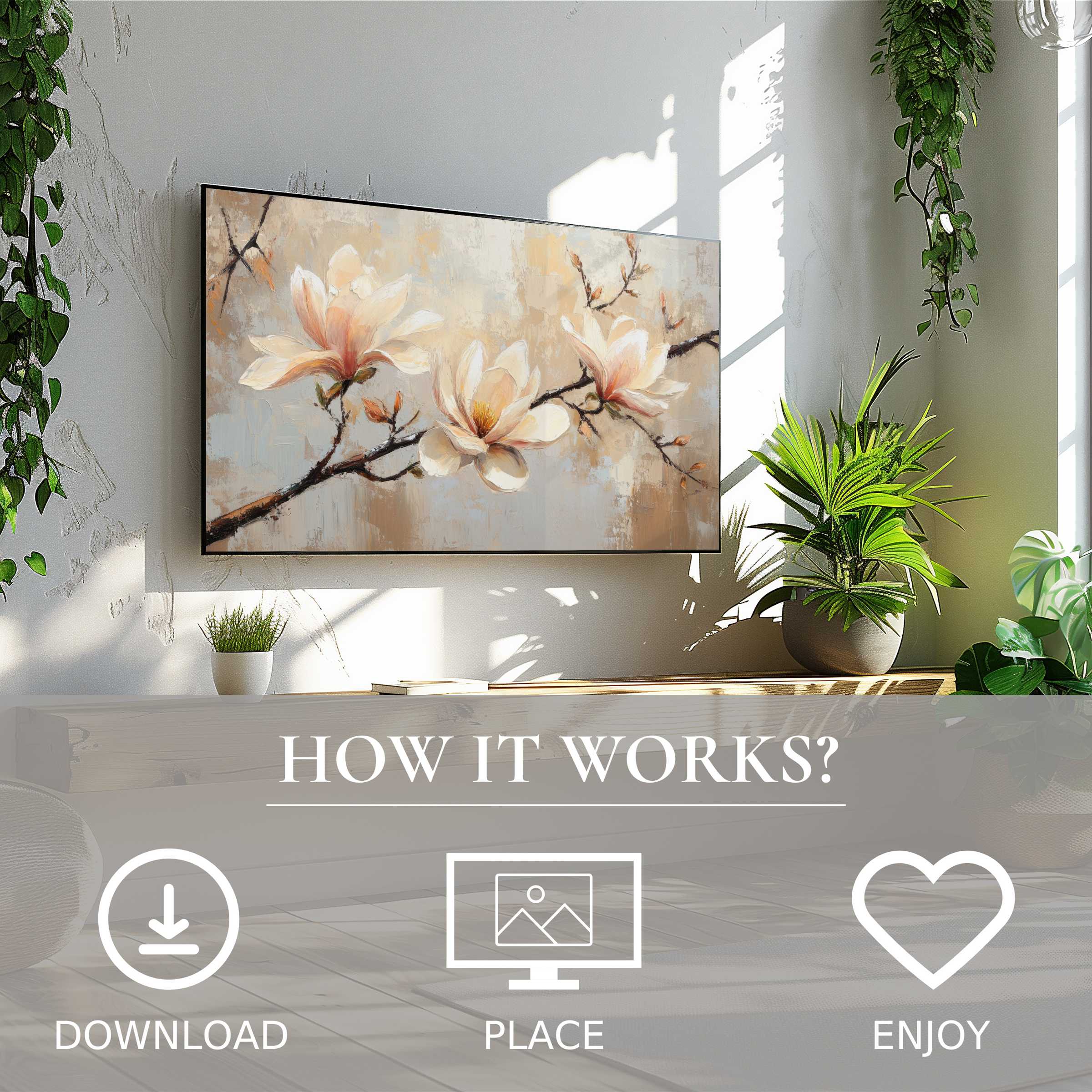 Botanical art for Samsung TV shows soft floral hues on The Frame, easy digital download enriching modern living spaces