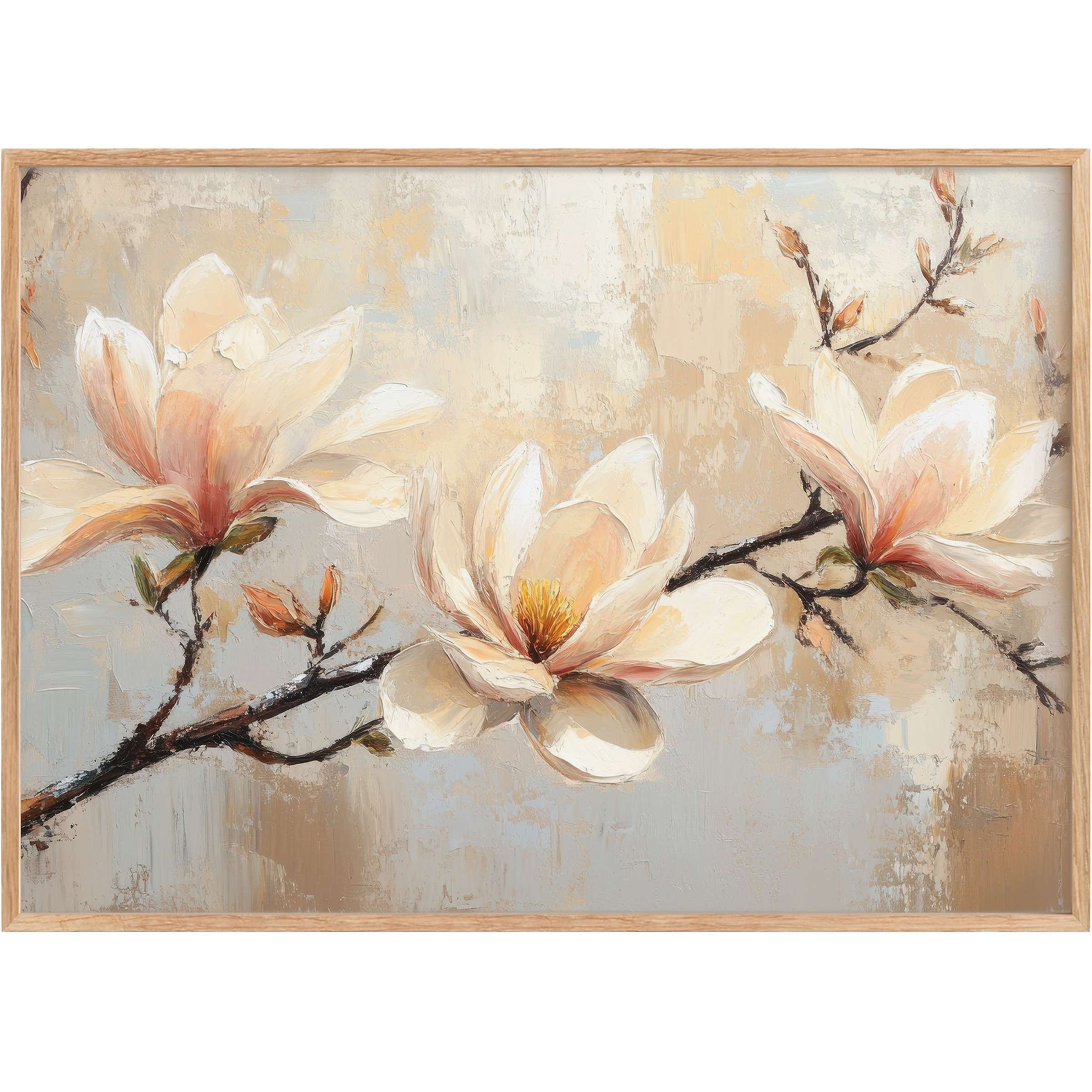 Botanical printable wall art with soft magnolia blooms in creamy beige and blush tones, creating a serene, elegant ambiance