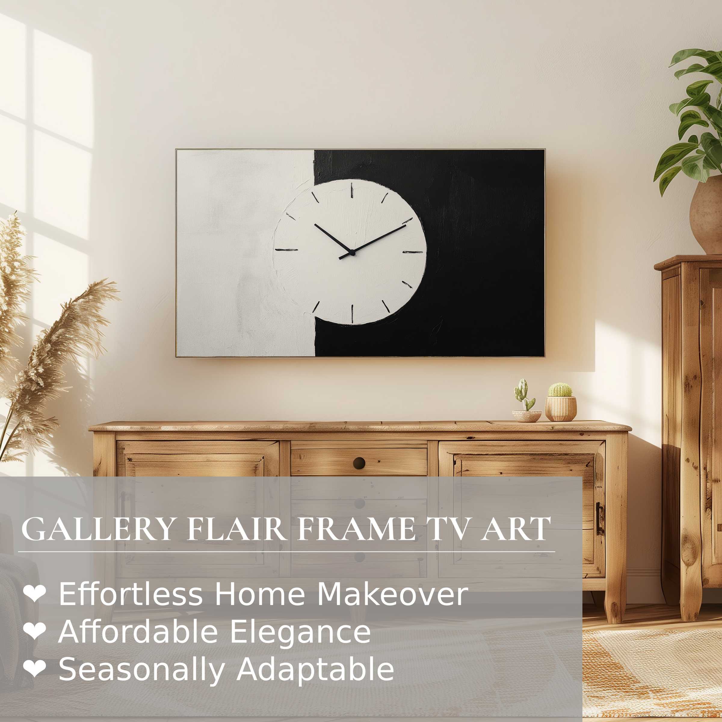 Samsung Frame TV displays black and white digital artwork clock, blending modern elegance with warm natural decor
