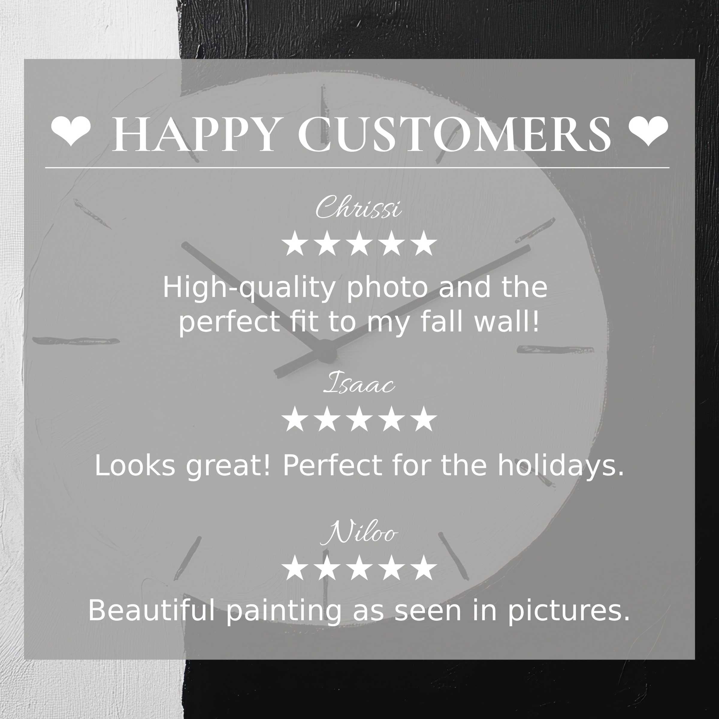 Black and white art for Frame TV with abstract clock background, showcasing happy customer reviews and elegant design trust
