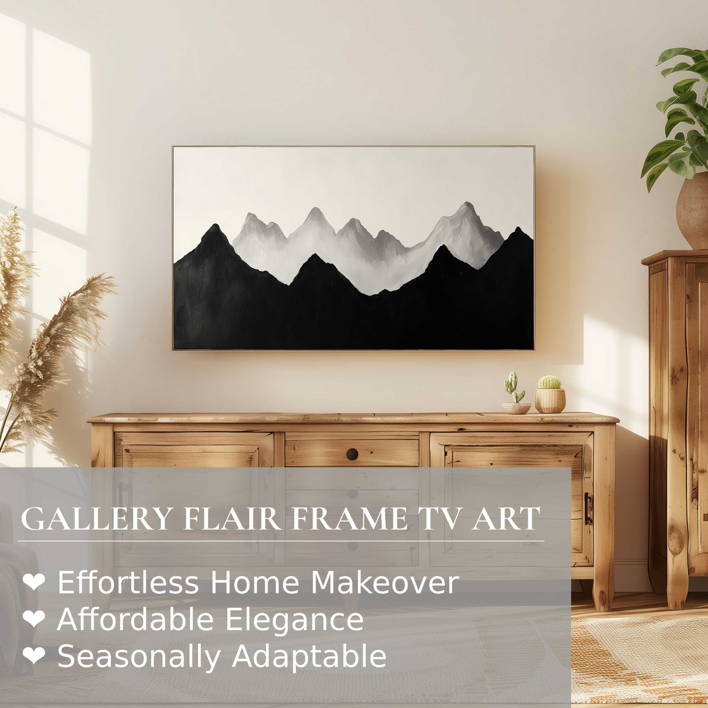 Minimalist mountain scene in monochrome on Samsung Frame TV, showcasing modern digital artwork in a serene, stylish home