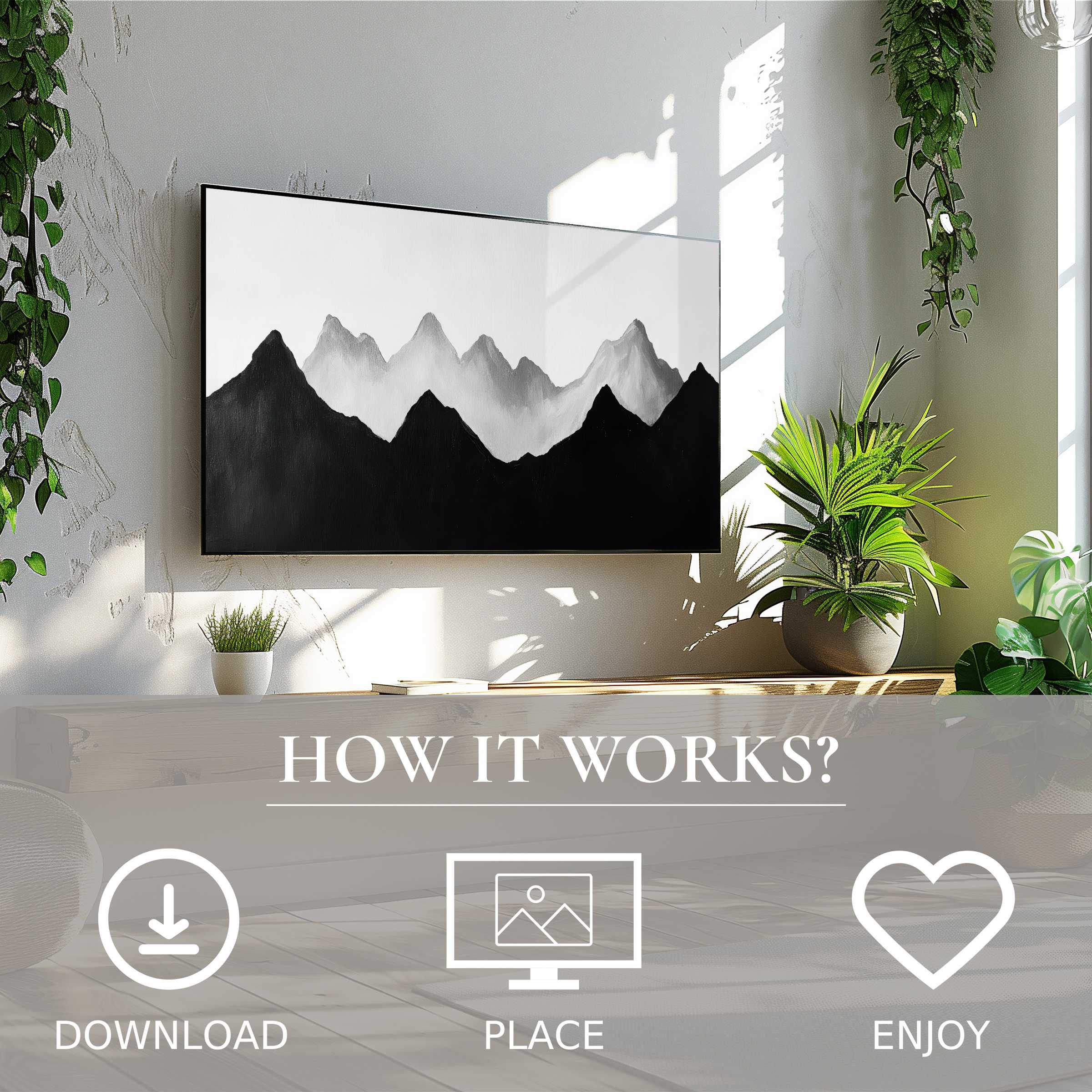 Modern art for Samsung TV: monochrome mountain motif, easy digital download, enriching minimalist living spaces with style