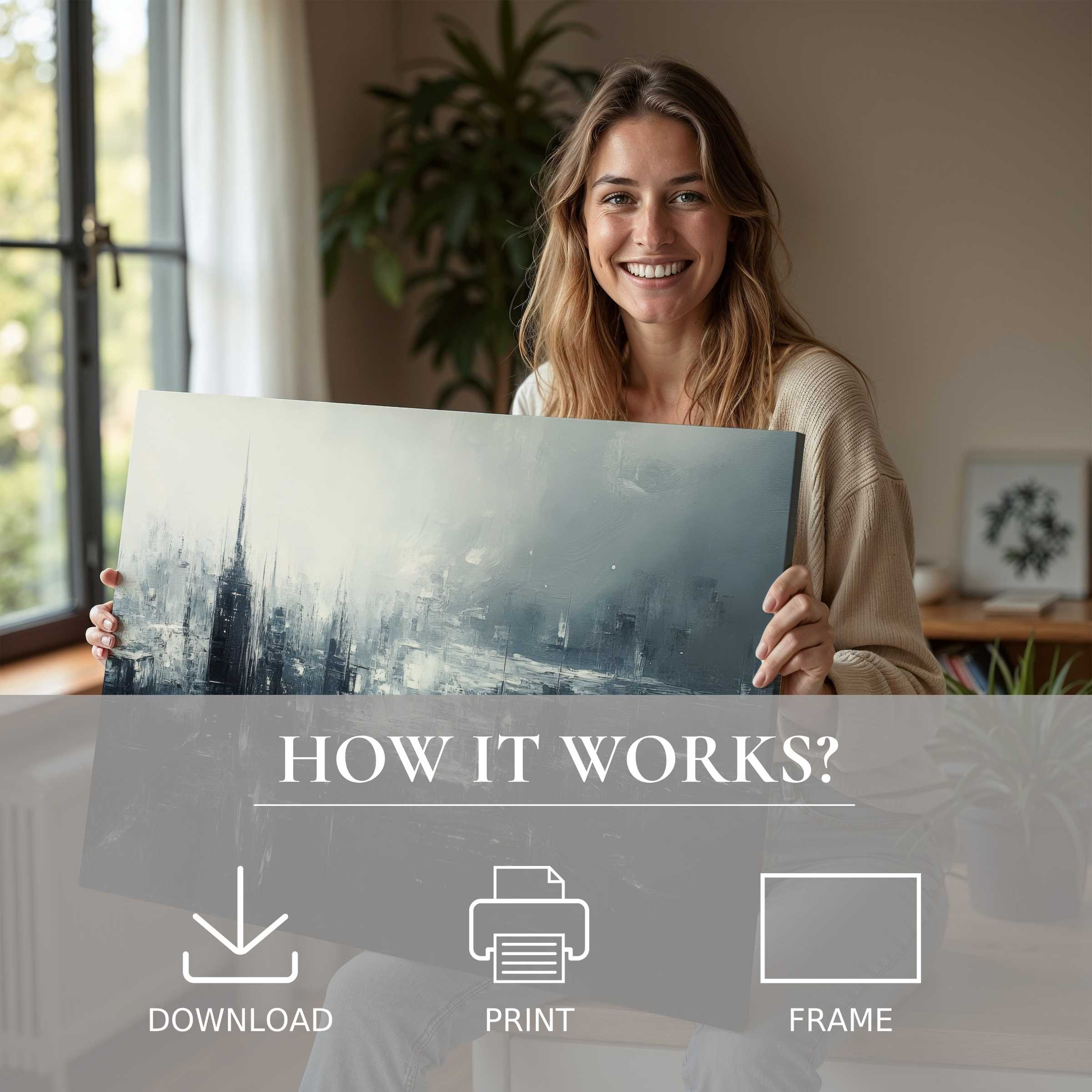 Serene urban digital art print embraced in a light-filled modern home, inspiring joy and effortless elegance in living spaces