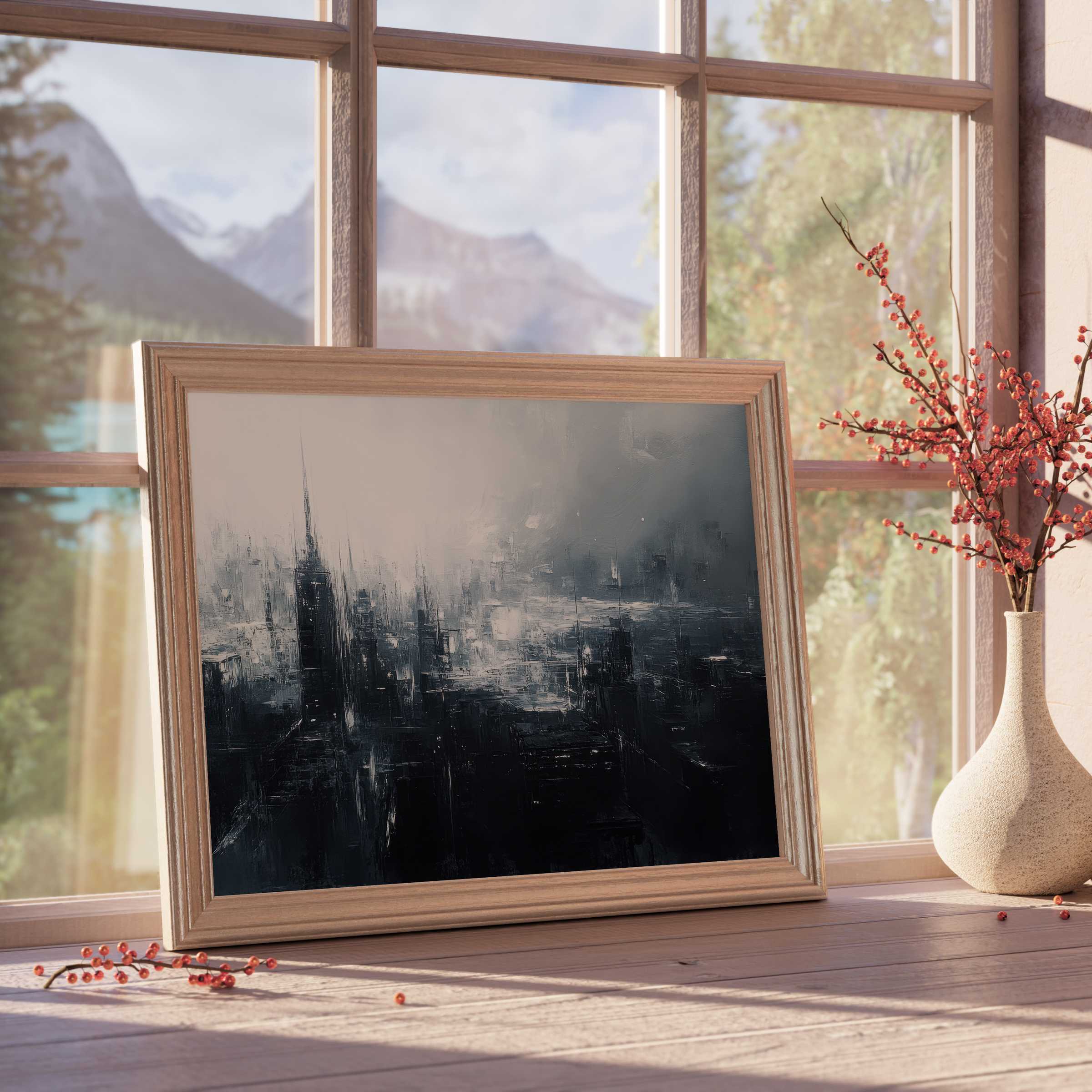 Urban downloadable art capturing a moody cityscape in deep blacks and grays, perfect for curated, tranquil interiors