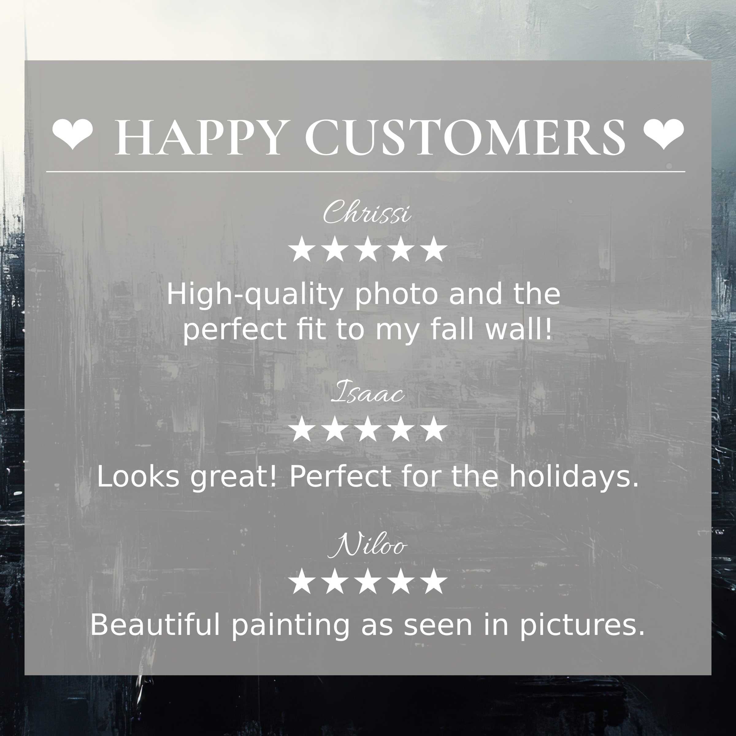 Urban art for Frame TV with abstract sunset hues, showcasing happy customer reviews and refined, elegant trust