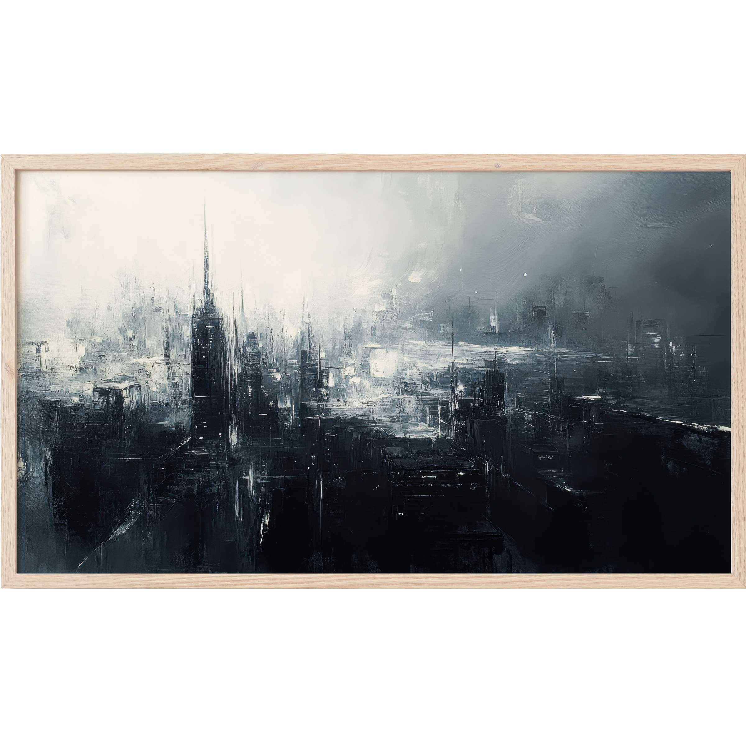 Urban Frame TV Art features a moody, abstract cityscape in deep blues and grays with soft light contrasts