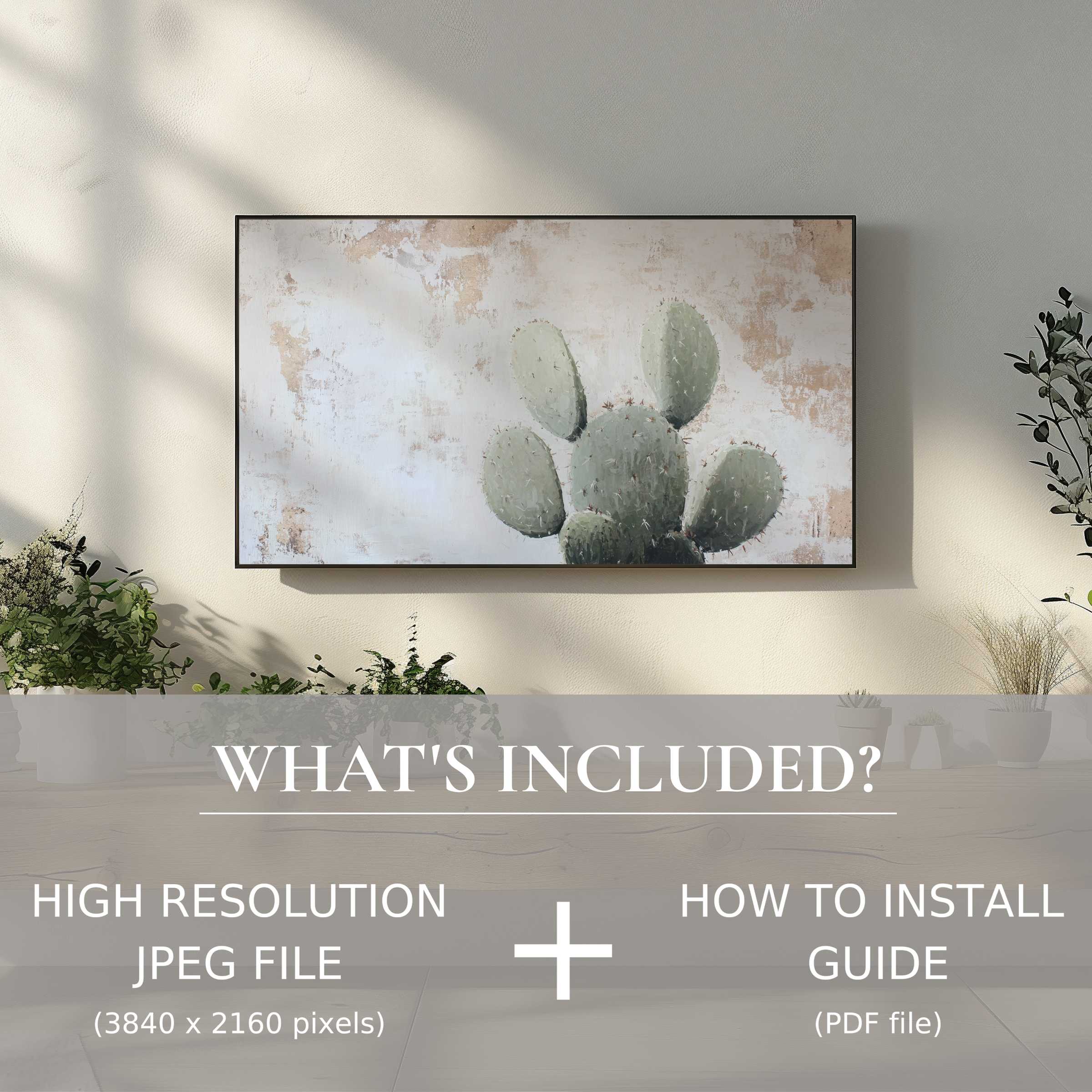 Elegant living room with neutral digital TV art download; easy to use, elevates space with serene cactus design