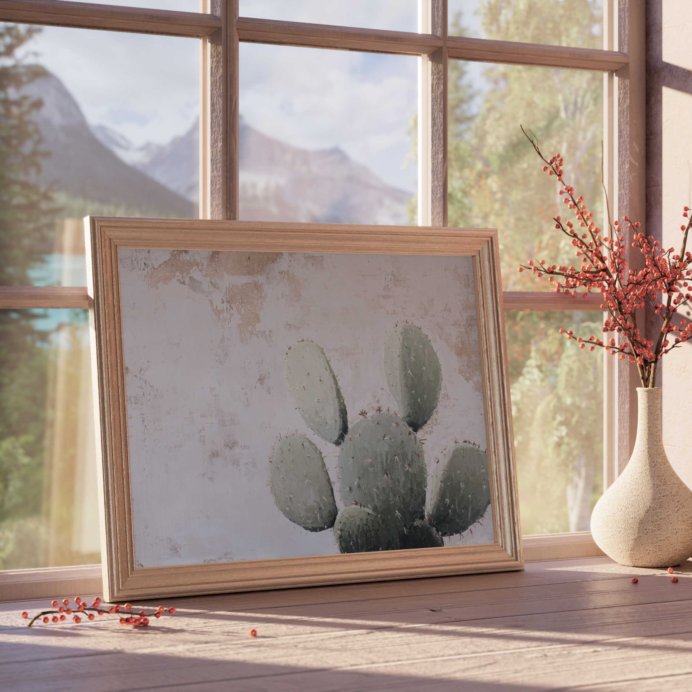 Neutral downloadable art of muted green cactus evokes calm, curated elegance, perfect for tranquil, design-forward interiors