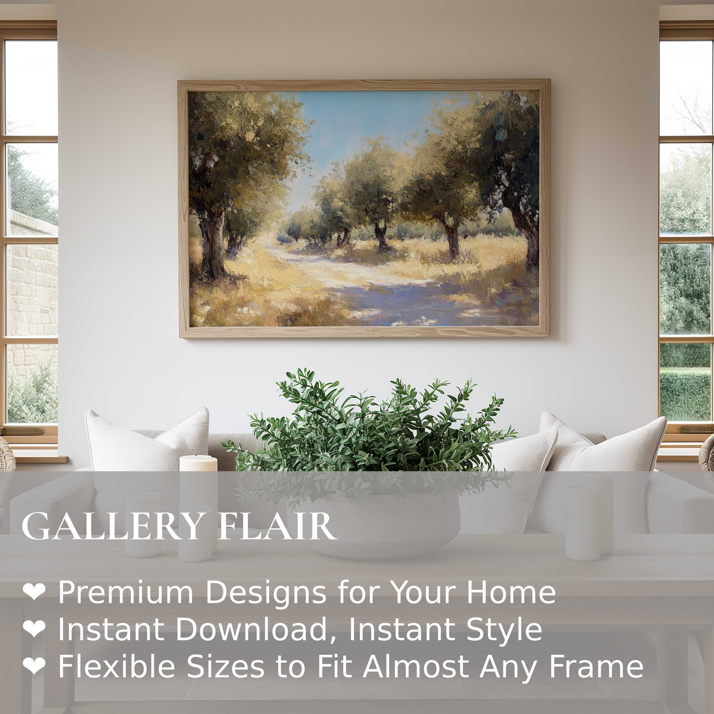 Tree wall art print capturing a sunlit olive grove in soft, radiant tones, elevating serene modern farmhouse interiors