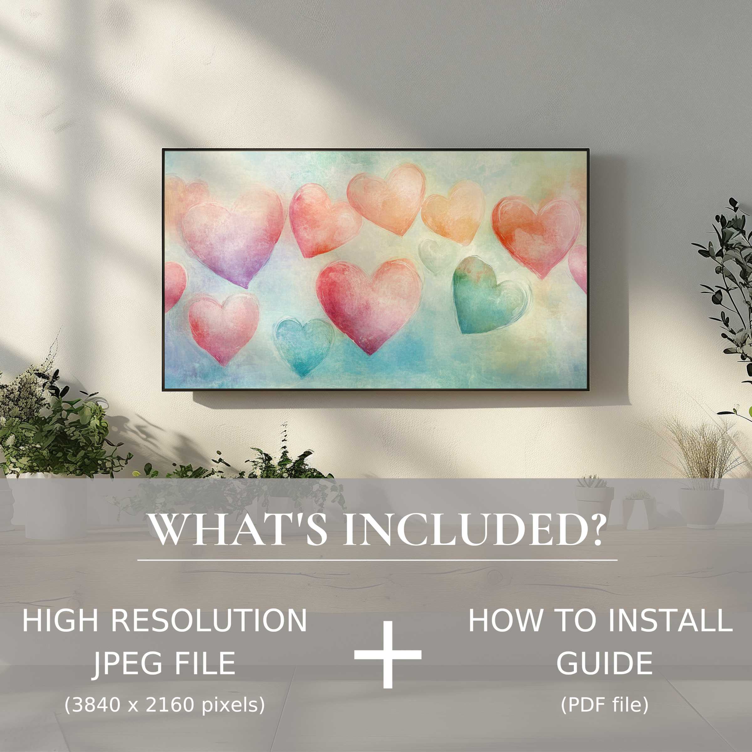 Elegant nursery digital TV art download with pastel hearts easily enhances stylish living spaces via high-res digital use