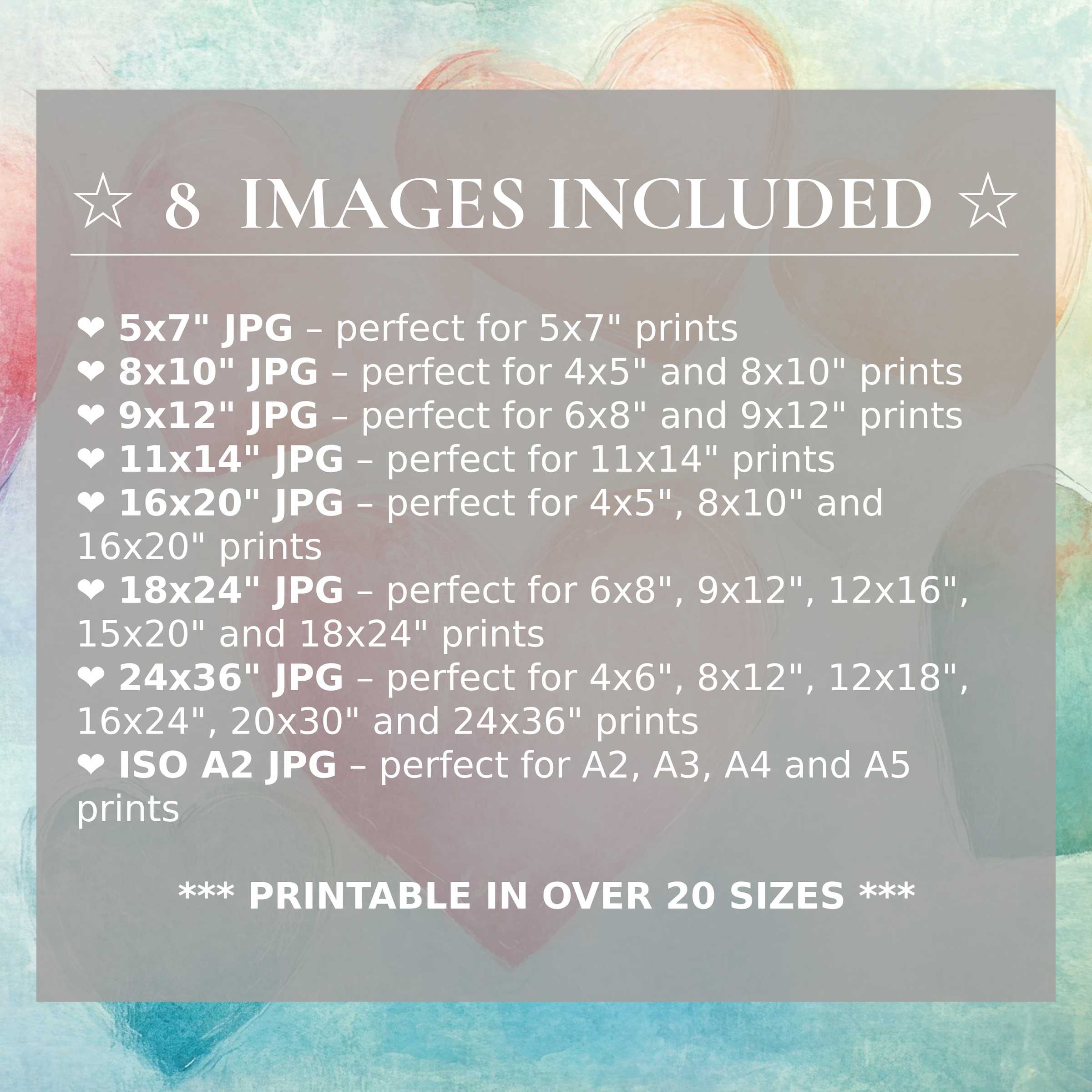 Nursery digital print with radiant pastel hearts in blush, mauve, and teal tones, offered in 8 high-quality sizes for elegant, versatile décor